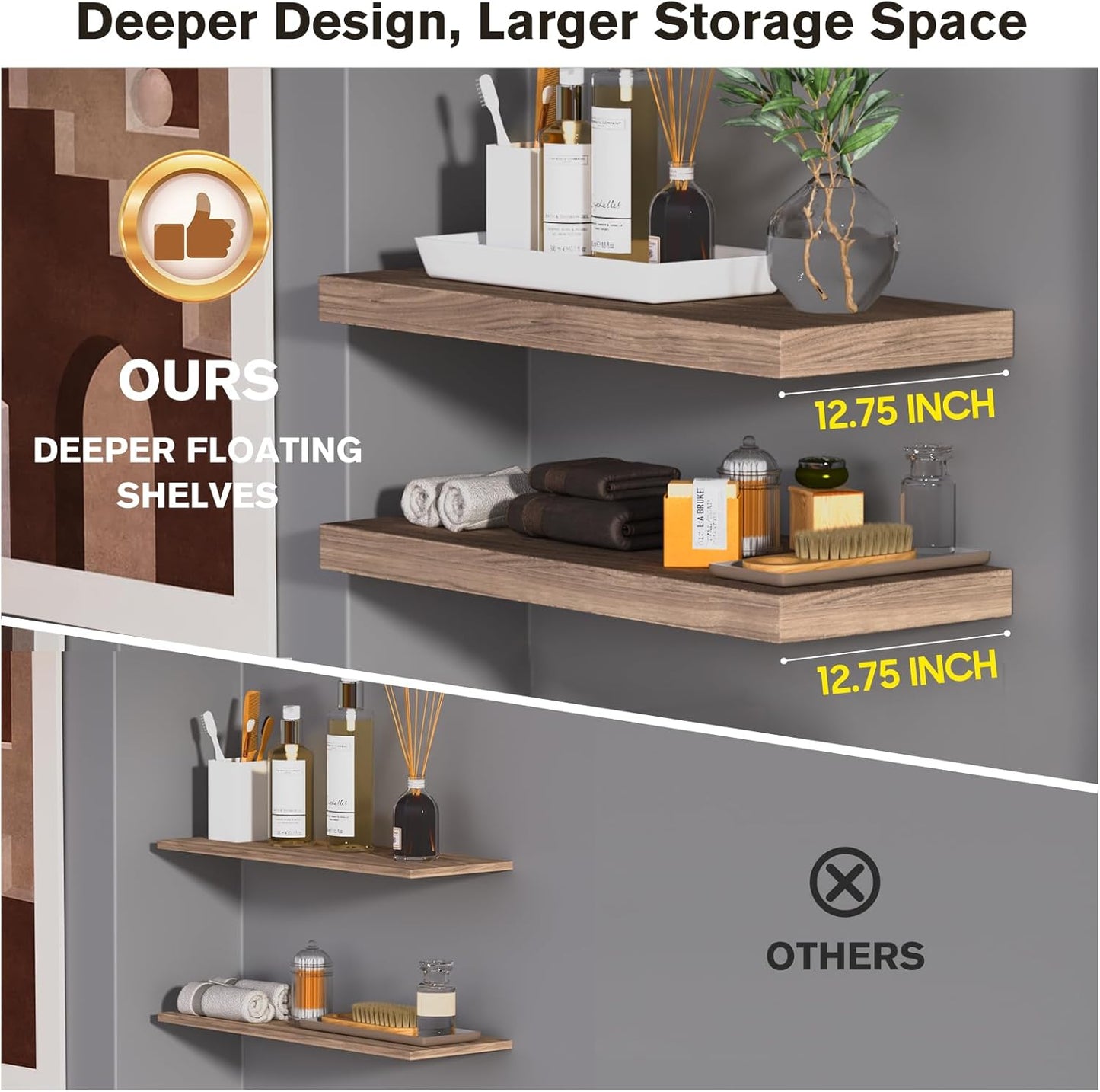 Floating Shelf, Set of 1 Wall Shelf, 30 in W x 12.75 in D x 2 in H Wooden Floating Wall Shelf with Invisible Brackets for Living Room/Bedroom/Bathroom/Kitchen Storage and Decor, Walnut