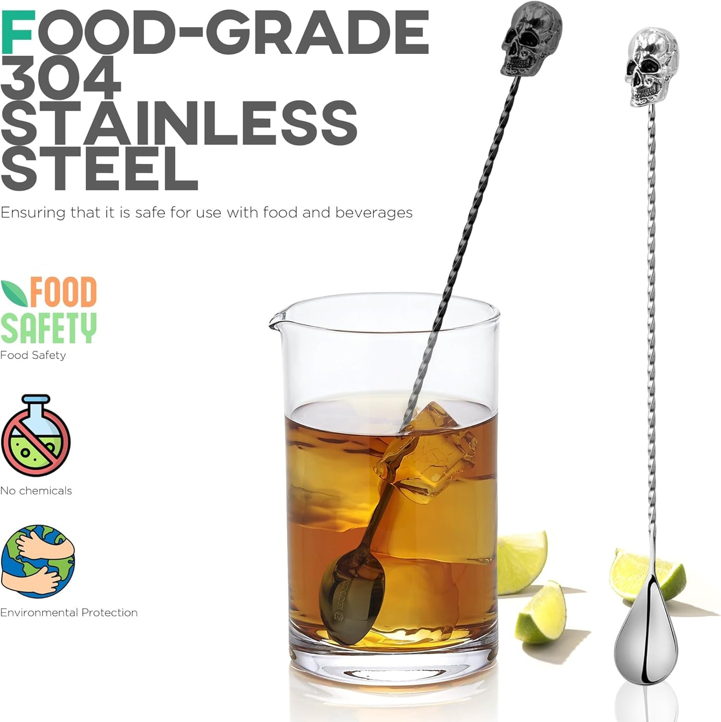 Homestia 2Pcs Bar Spoon, 12 Inch Stainless Steel Cocktail Mixing Spoon, Long Handle Spiral Design with Weighted Skull End Mixing Spoon Stirrers for Drink Cocktail Stirres Halloween Party Bar