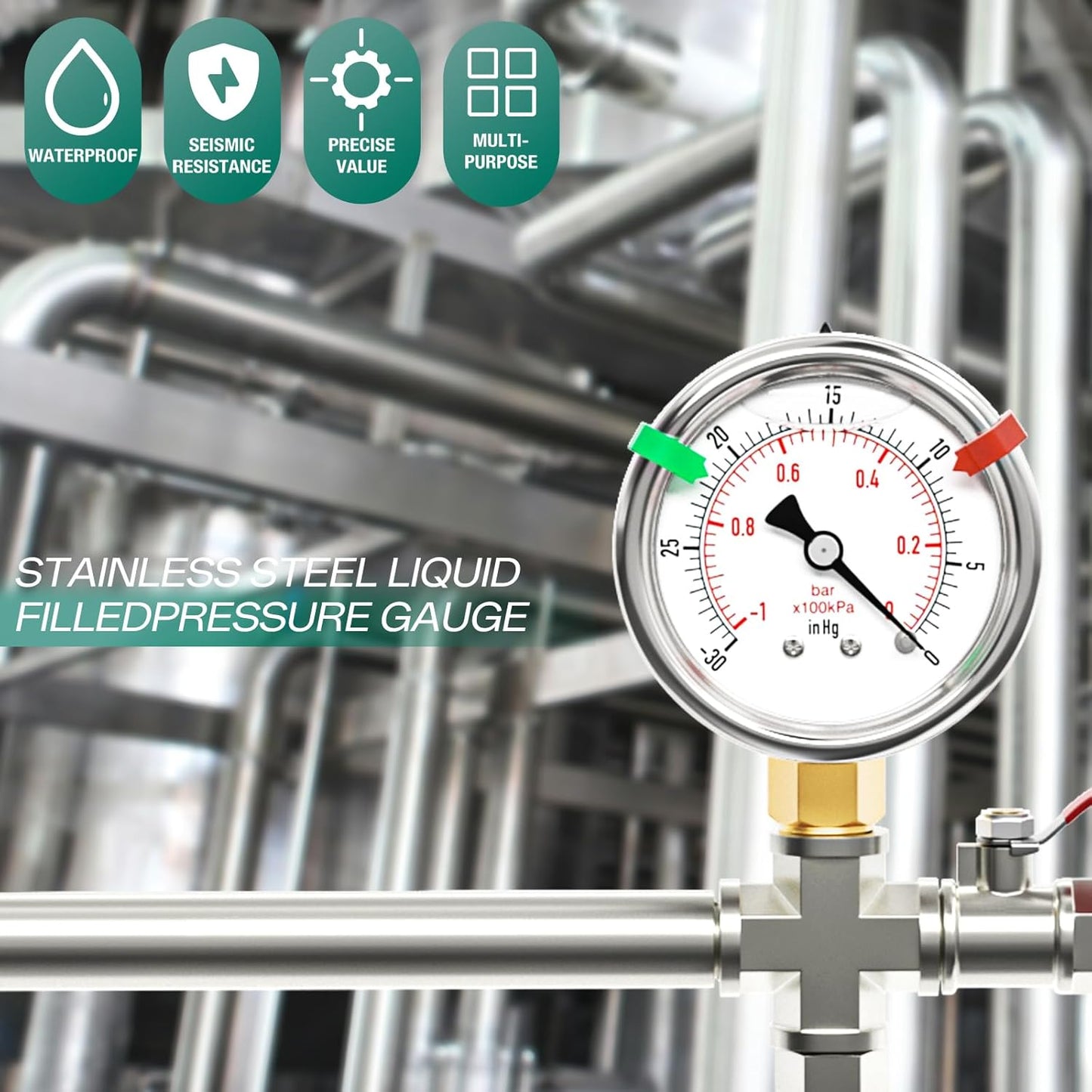 -30inHG~0Psi Stainless Steel Liquid Filled Pressure Gauge, 2.5" Dial Size, 1/8" NPT Lower Mount, for Tube, Water Pump, Gas, Liquid, Pressure Test (with Range Mark Pointer)