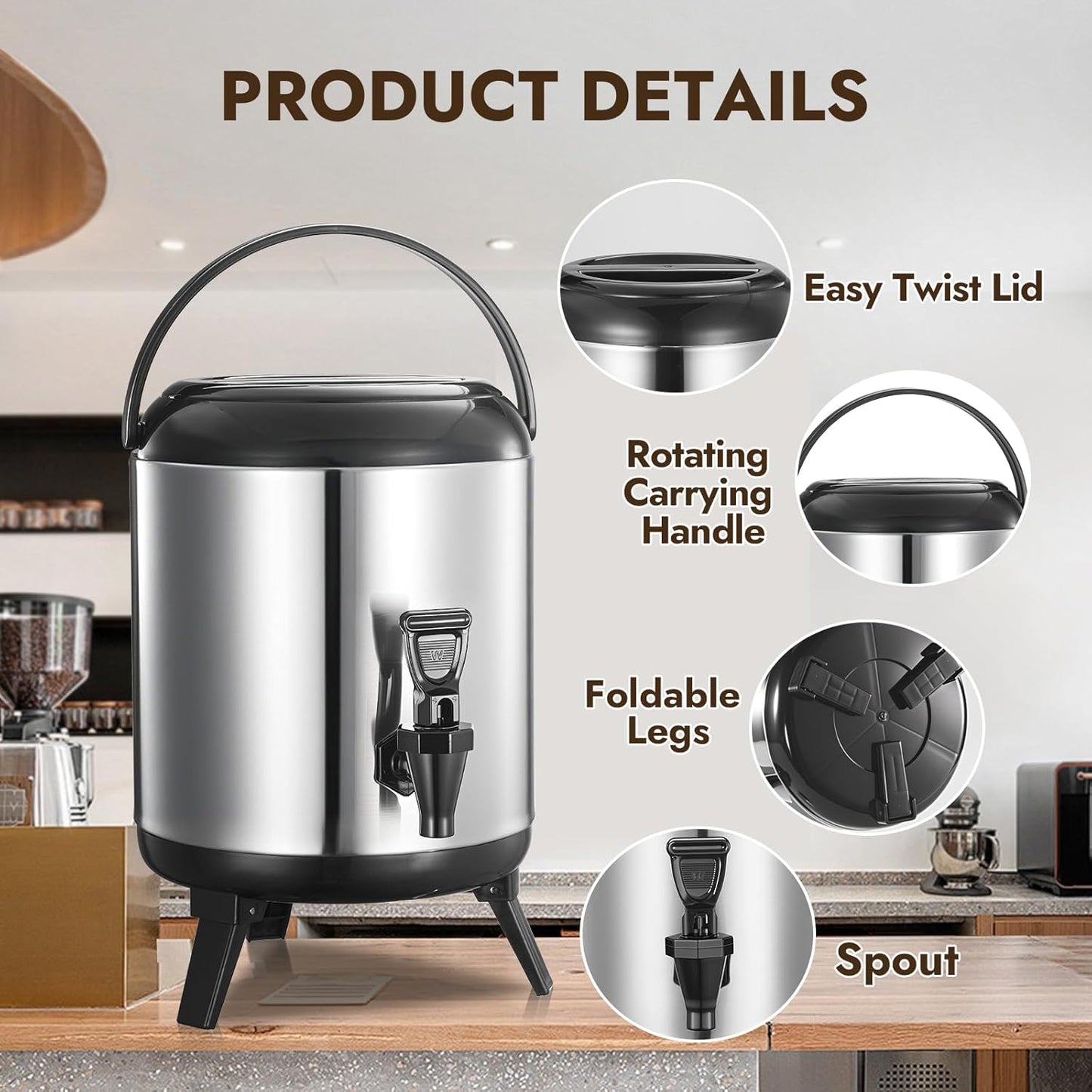 Insulated Beverage Dispenser, Thermal Hot Beverage Dispenser, Stainless Steel Hot Beverage Dispense, Hot Coffee Dispenser with Spigot for Coffee Hot tea,Cold Milk,Water,Juice 6L (Non-electric)