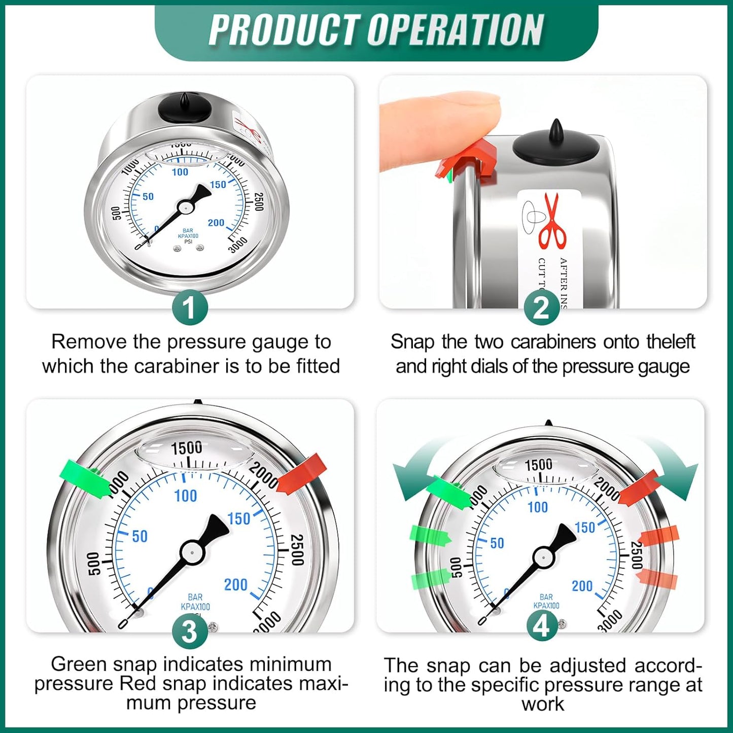 0-3000psi Stainless Steel Glycerin Liquid Filled Pressure Gauge 1/4" NPT 2.5" Face Dial Center Back Mount, for Water, Oil and Air Pressure Testing (with Range Mark Pointer)