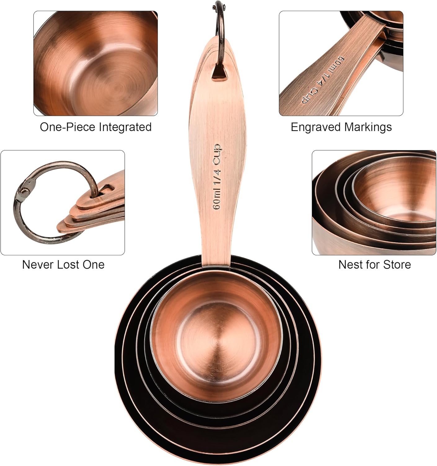 Copper Plated Measuring Cups and Spoons Set, 5 Stainless Steel Measuring Cups & 5 Metal Measuring Spoons Set with Leveler, US & Metric Kitchen Measure Cups & Spoons Set for Baking & Cooking