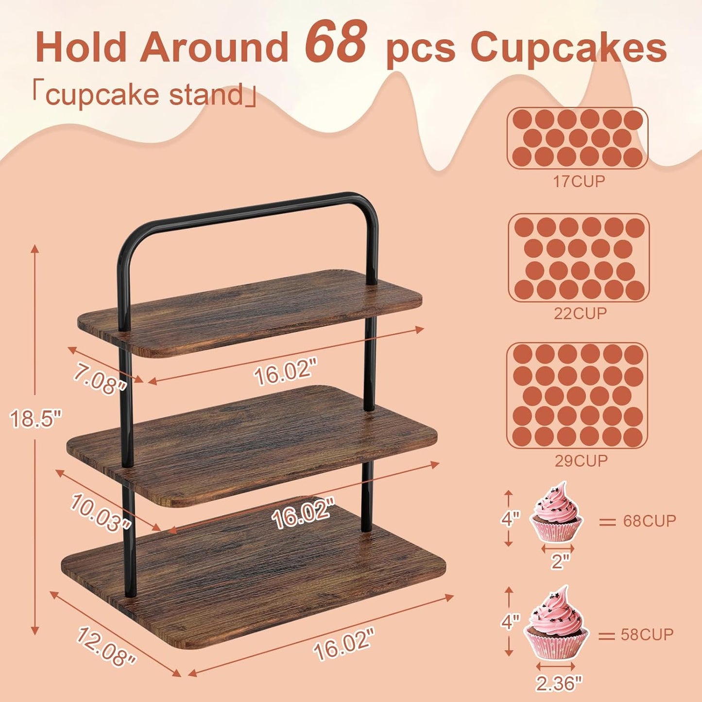 Cupcake Stand, 3-Tier Dessert Stand for 68 Cupcakes, Wood & Metal Tower Display Premium Holder Dessert Tree Tower for Wedding Graduation Birthday Christmas Party, Serving Tray