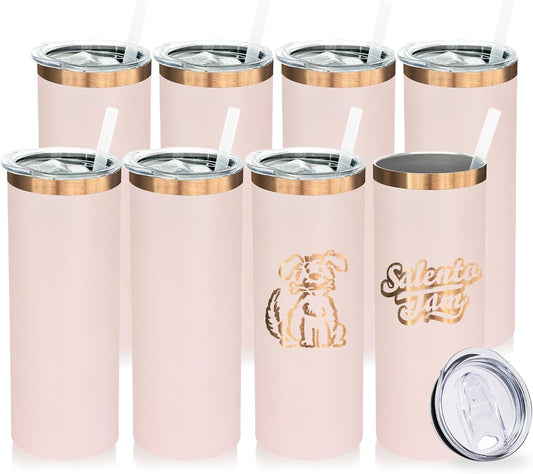 20 oz Skinny Tumblers Bulk 8 Pack, Stainless Steel Insulated Tumbler with Lids and Straws, Slim Double Wall Powder Coated Travel Coffee Mugs Reusable Cup for Hot Cold Drinks (Pink,8 pack)