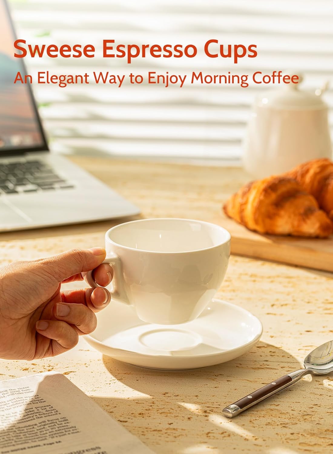 Sweese 6 Ounce Cappuccino Cups with Saucers, Porcelain Double Espresso Cups Set of 6 - White