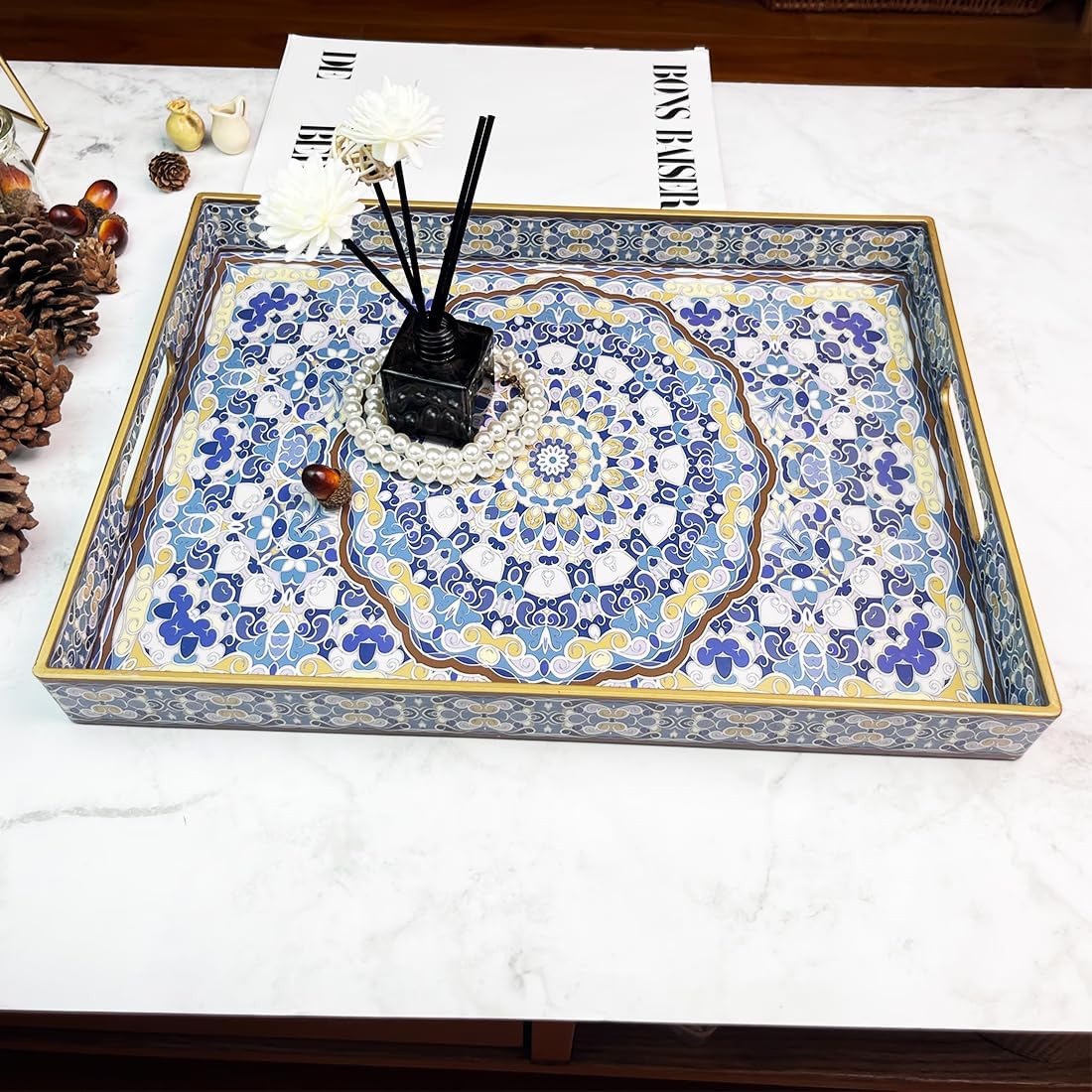 Blue Decorative Tray, Serving Tray with Handles, Plastic Large Tray for Coffee Table, Living Room, Decor, 15.7”*11.8”*1.6"