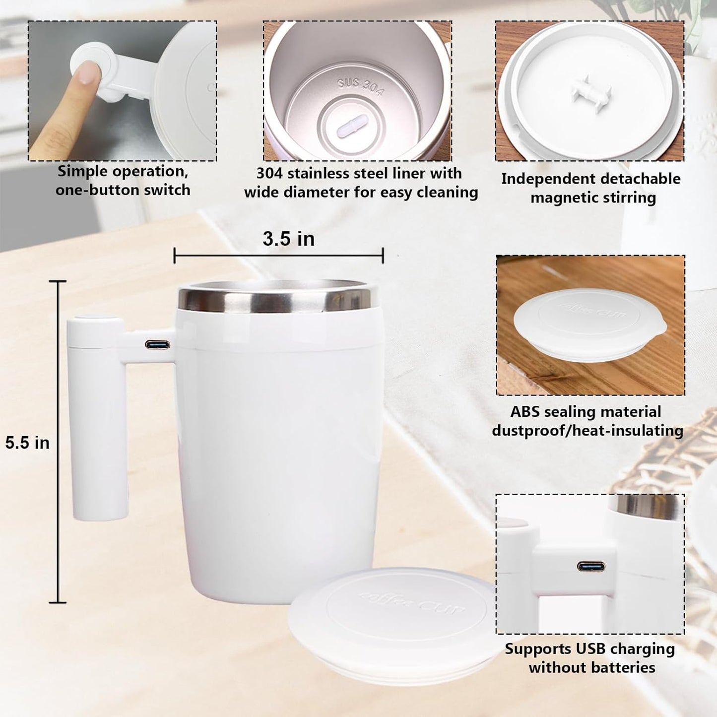 Self Stirring Coffee Mug-Automatic Magnetic Stirring Cup for Easy Mixing | USB Rechargeable with 304 Stainless Steel Interior,Silicone Lid,Ideal for Coffee,Cocoa,Milk