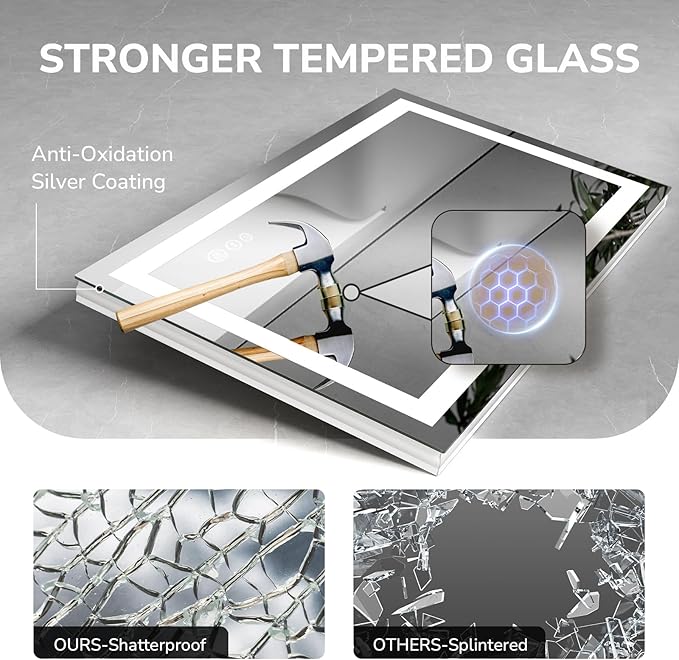 USHOWER LED Bathroom Mirror 60x36 Inch Tempered Glass - Image 6