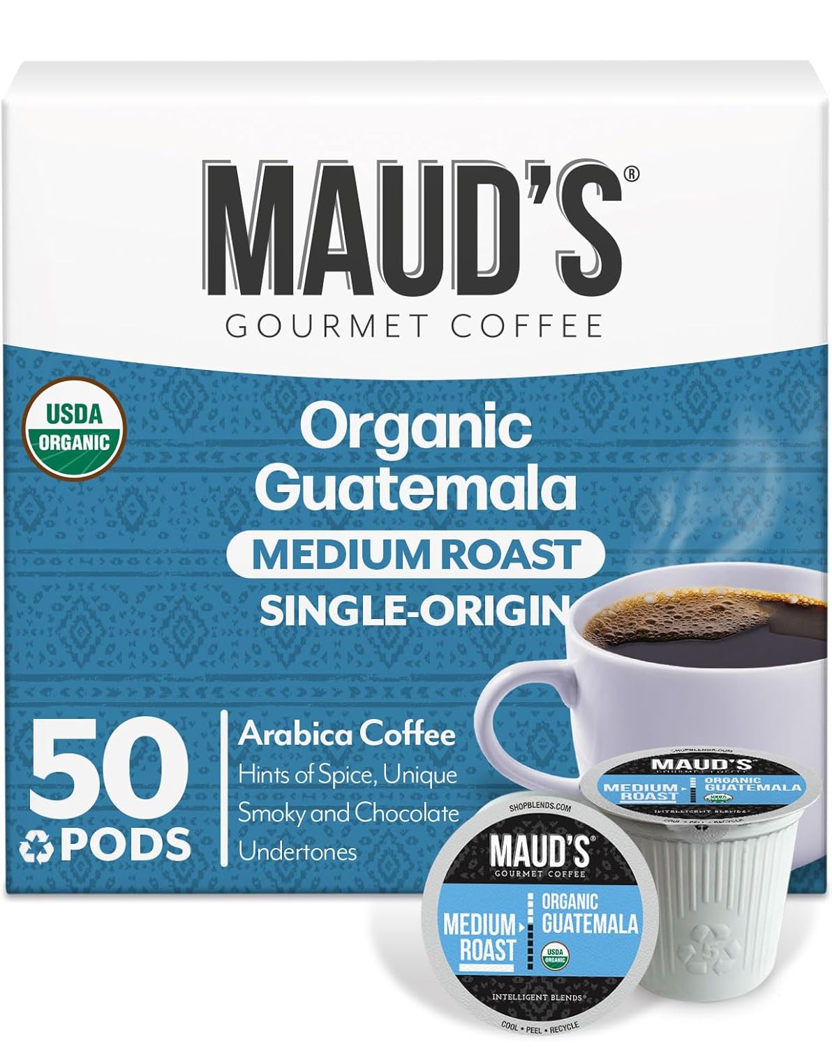 Maud's Organic Guatemalan Coffee Pods, 50 ct, Single Origin Guatemalan Medium Roast Coffee in Recyclable Single Serve Pods – 100% Arabica Beans, Compatible with Keurig K Cups Maker