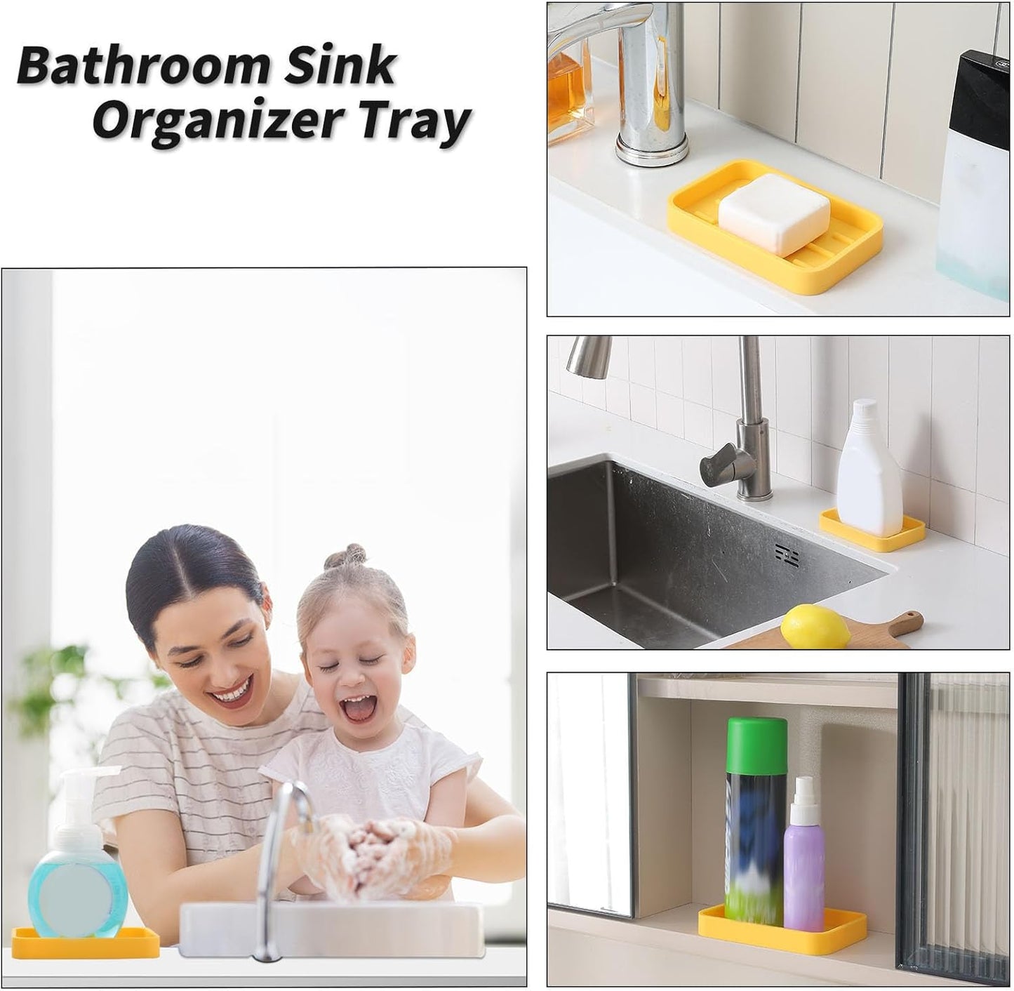 Silicone Kitchen Sink Organizer Tray for Multiple Usage,Easy Clean Sponges Holder for Kitchen Bathroom Counter or Sink,Dish Soap Dispenser,Scrubber,Bottle,Cup Yellow 4.9”x 3.2”