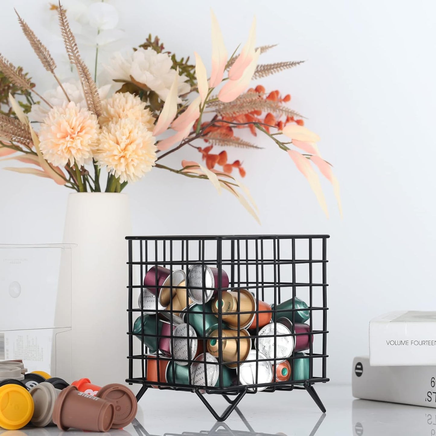 Black Wire Coffee Pod Holder Basket,Large Capacity Metal K Cup Holder Organizer,Storage Basket for Kitchen Countertop Office Coffee Bar Accessories,Creamer and Syrup Organizer