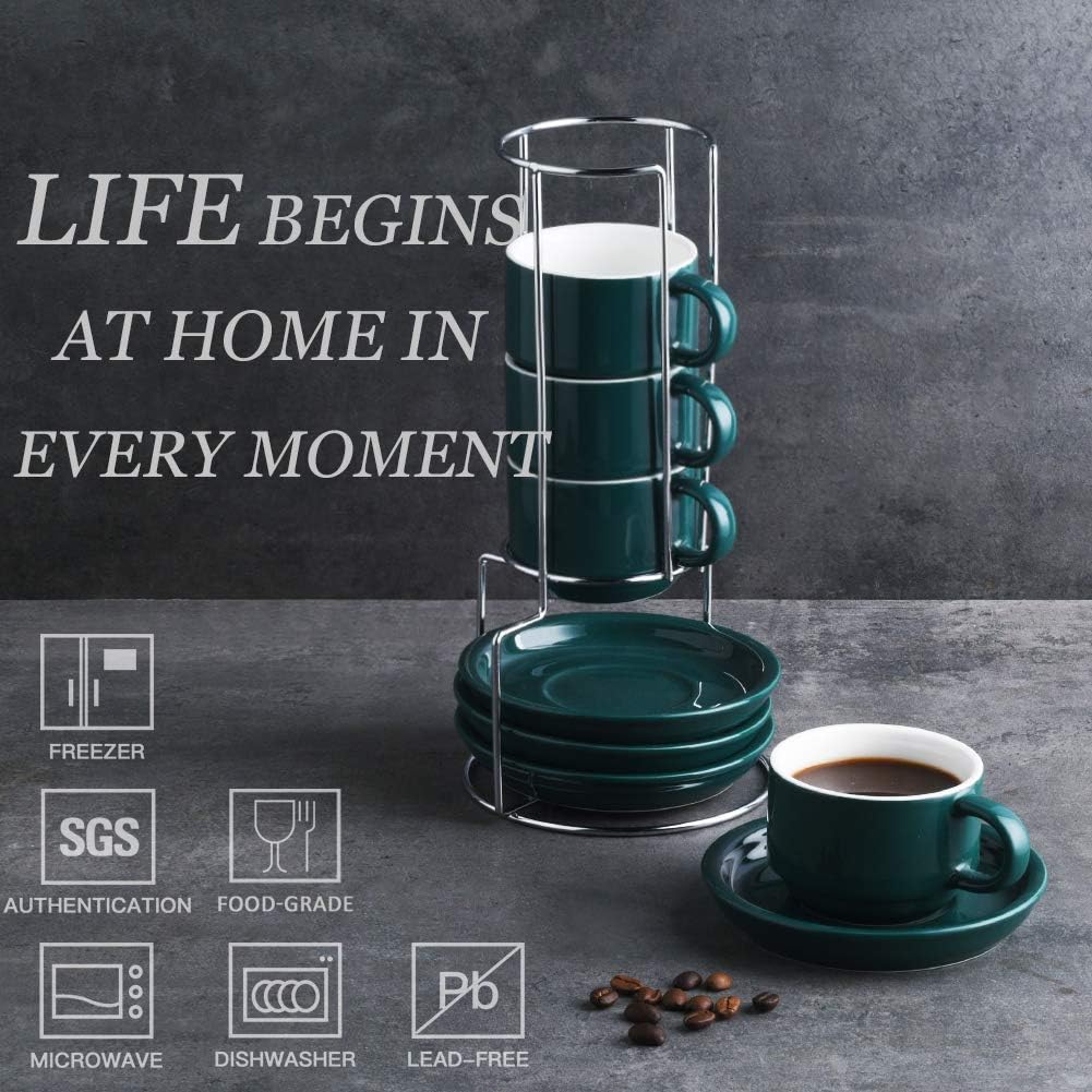 Sweejar Porcelain Espresso Cups with Saucers, 4 Ounce Stackable Cappuccino Cups with Metal Stand for Coffee Drinks, Latte, Tea - Set of 4 (Jade)