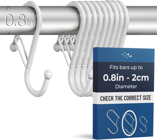 10-Pack Metal S Hooks for Hanging – Heavy-Duty S-Shaped Hooks with Safety Buckle – Fits Bars up to 0.8 in – Anti-Drop S-Hooks for Kitchen, Bathroom, Closet & Pot Racks – White (Medium)