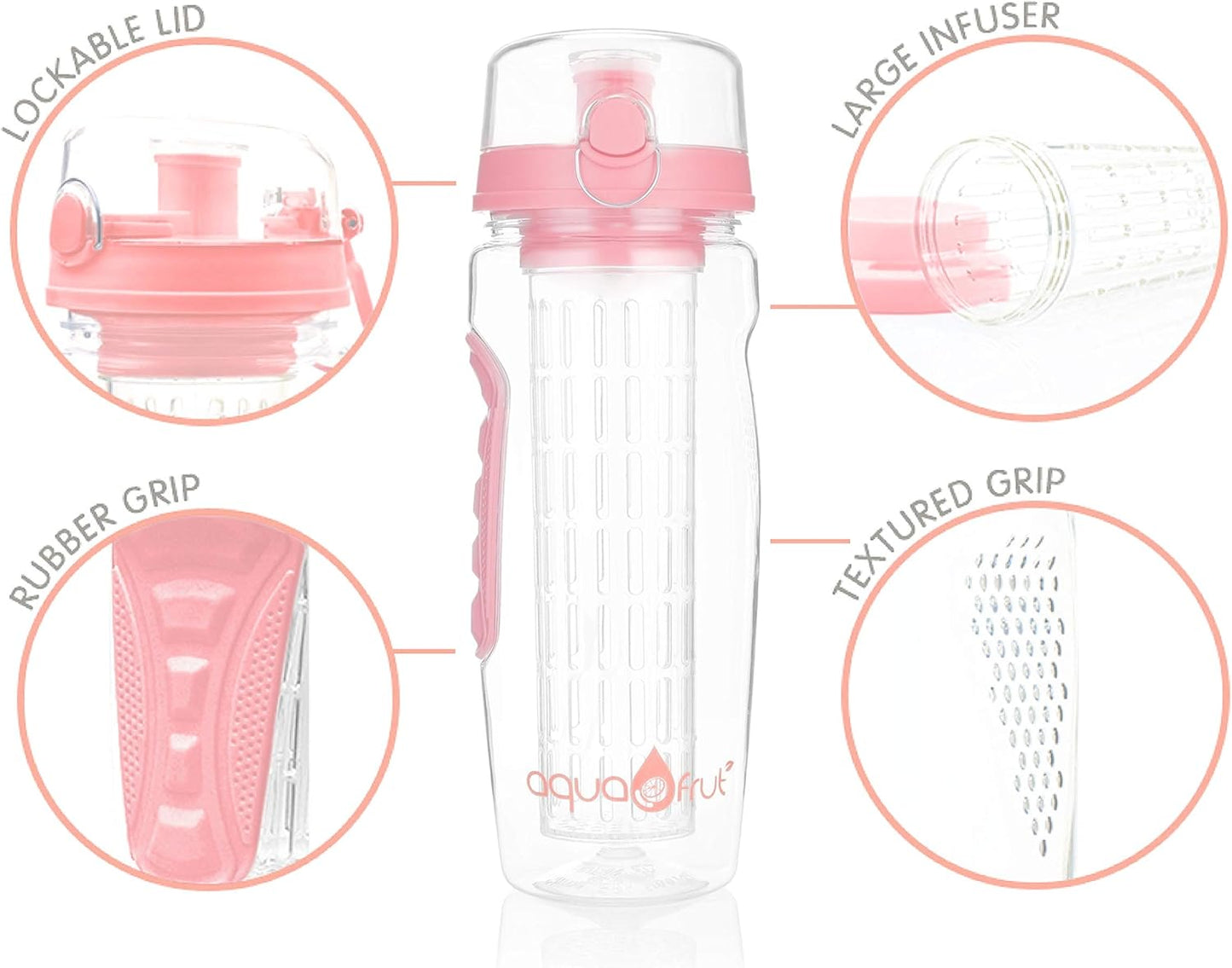 AquaFrut 32 OZ Fruit Infuser Water Bottle BPA-Free Fruit Infusion Sports Bottle - Flip Top Lid w Drinking Spout, Leak Proof, Made of Durable Tritan. Free Recipe eBook! (Rose)