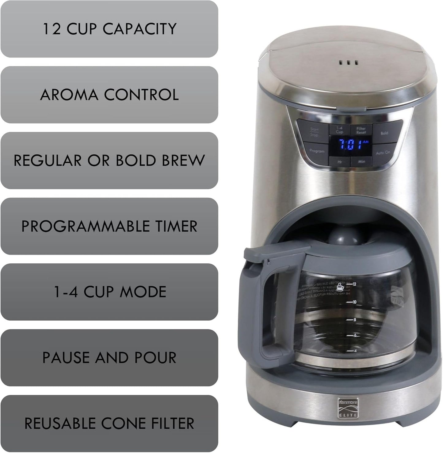 Kenmore Elite Drip Coffee Maker - 12 Cup Programmable Cafe Machine With Glass Pot, Regular & Bold Brew, Auto Shut Off Large Water Reservoir, Reusable Filter, Kitchen Appliances