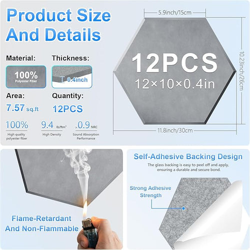 12 Pack Hexagon Acoustic Panels, Self-Adhesive Sound Deadening Panels, Sound - Image 2