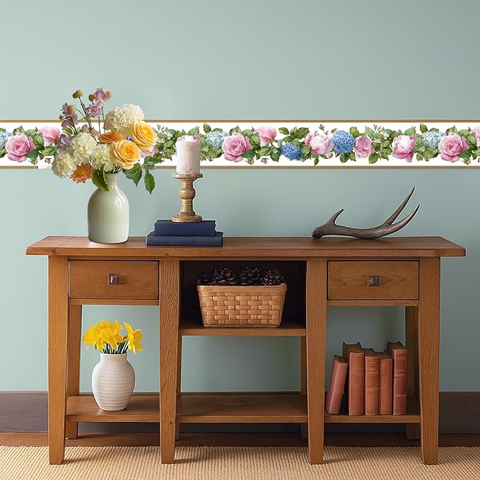 Floral Wallpaper Border 196x4 Inch Peel and Stick Wall Border Pink Blue Rose - Image 6