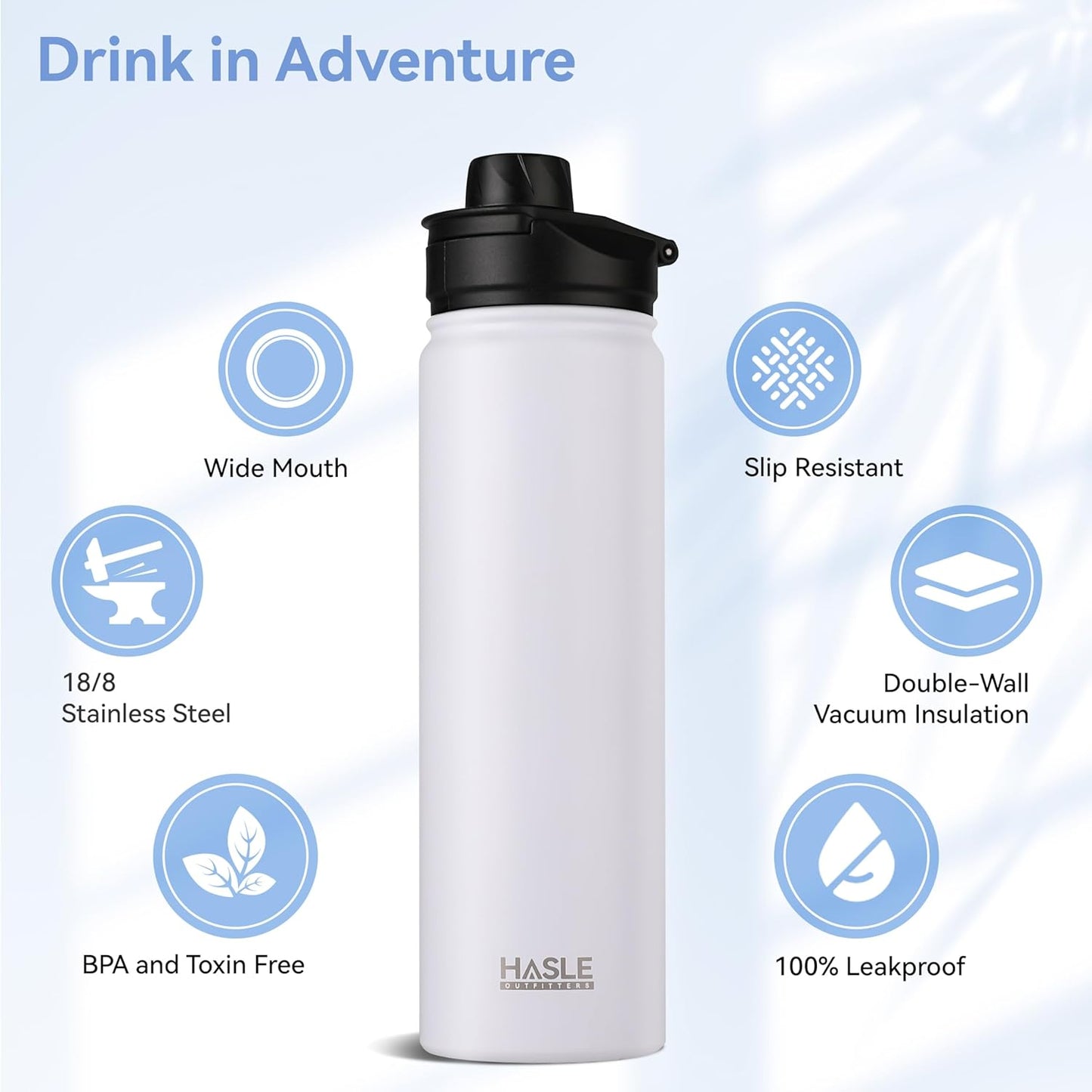 HASLE OUTFITTERS Insulated Water Bottle 22 oz Double Wall Stainless Steel Water Bottle Wide Mouth with Straw Lid & Spout Lid Keeps Cold or Hot(White,1)