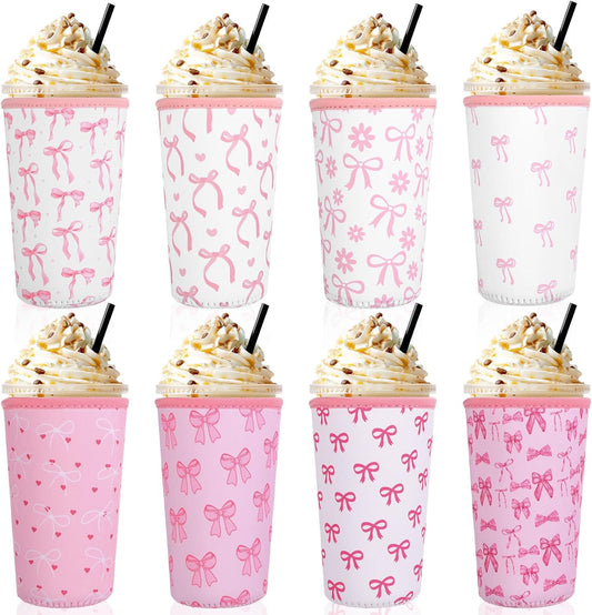 8 Pcs Reusable Sleeves for Iced Coffee Cup Pink Bow Cup Coolie Coquette Bow Reusable Coffee Insulator Sleeves Neoprene Insulated Holder for Iced & Hot Drinks, 22-24 oz
