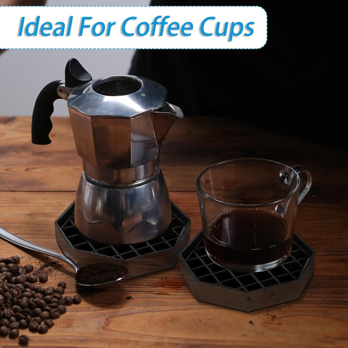 Suclain 12 Pcs 4 Inch Coffee Drip Tray Black Plastic Octagon Coffee Countertop Drip Coaster with Honeycomb Grid for Drink Tea Wine Beverage Dispenser