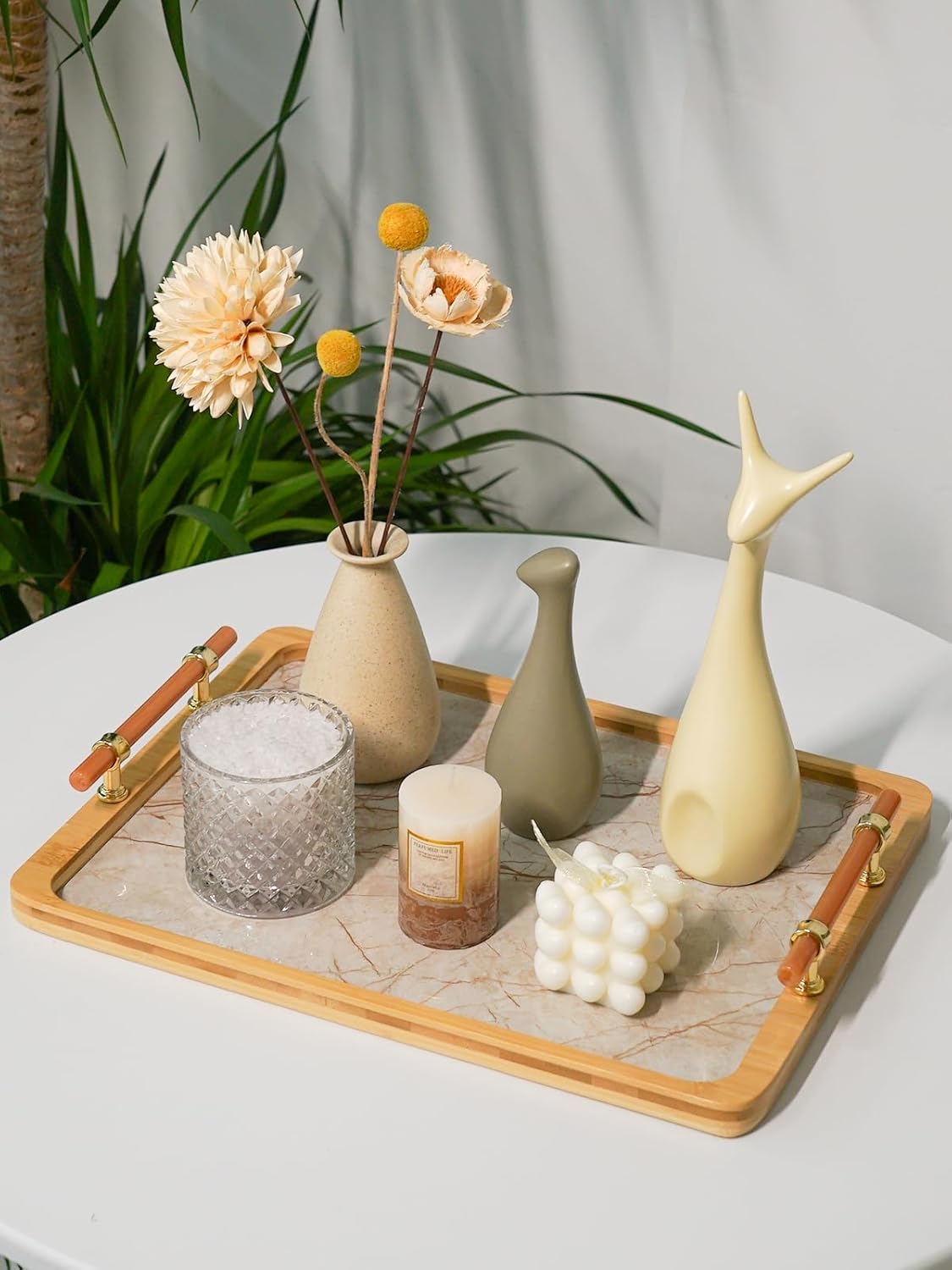 JUPELI 16" x 12" Bamboo Serving Tray with Handles – Marble Pattern Decorative Rectangle Tray for Coffee Table, Kitchen, Vanity, Bathroom, or Ottoman – Perfect for Bread Food Fruit Display & Storage