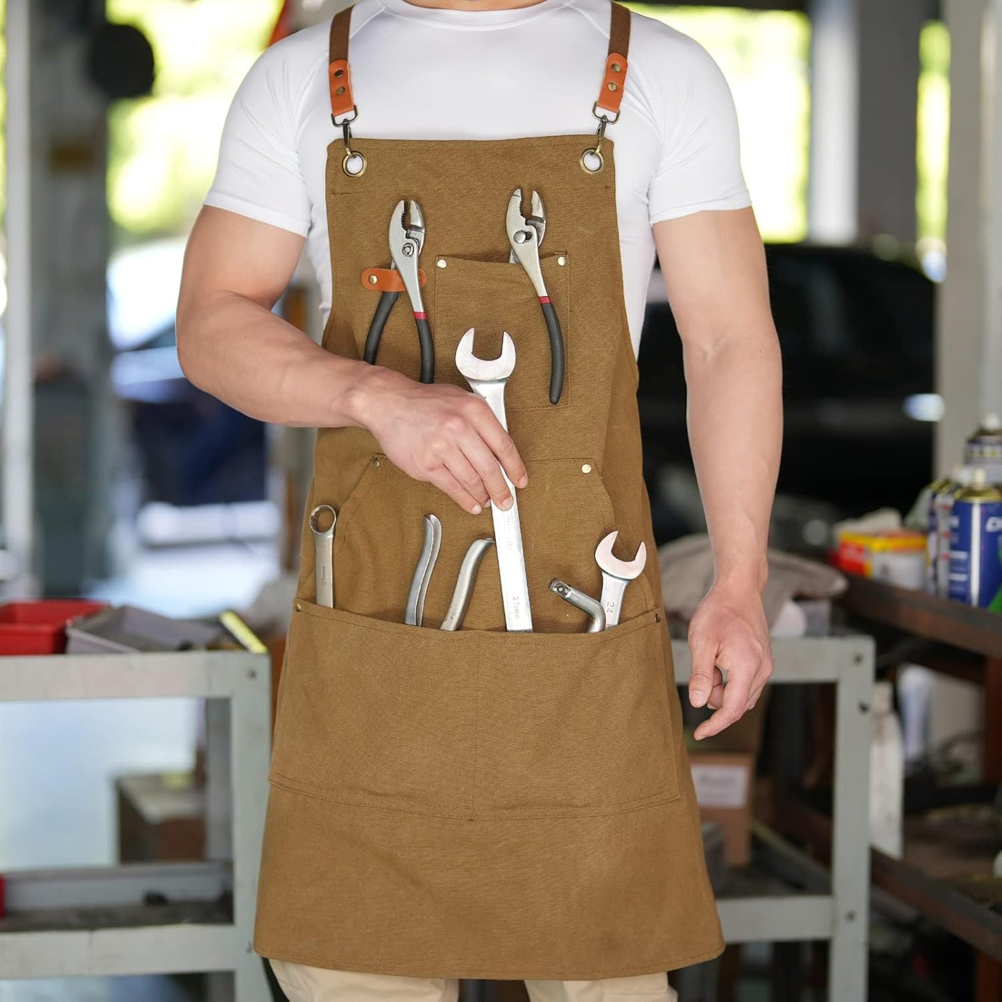 Canvas Aprons for Men Chef Apron, Work Apron with Large Pockets - 16oz Heavy Duty Cross Back, BBQ, Cooking