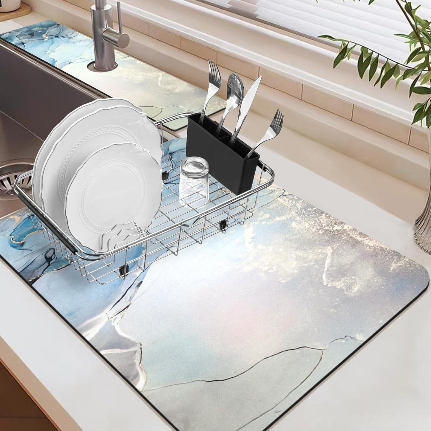 24.5" x 15.5" Dish Drying Mat & 24" x 5.5" Sink Splash Guard, Super Absorbent Drainer Rack Mat for Kitchen Counter Coffee Bar