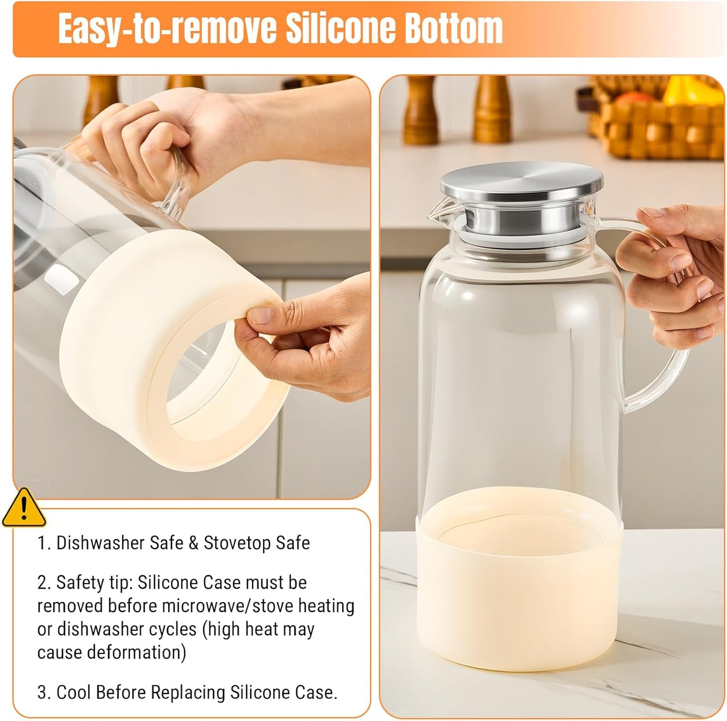 PARACITY Water Jug Water Pitcher with Silicone Base 61oz/ 1.8L, Hot& Cold Glass Pitcher with Lid and Handle, Glass Carafe with Lid for Coffee, Juice, Lemonade and Milk (Off-white base)