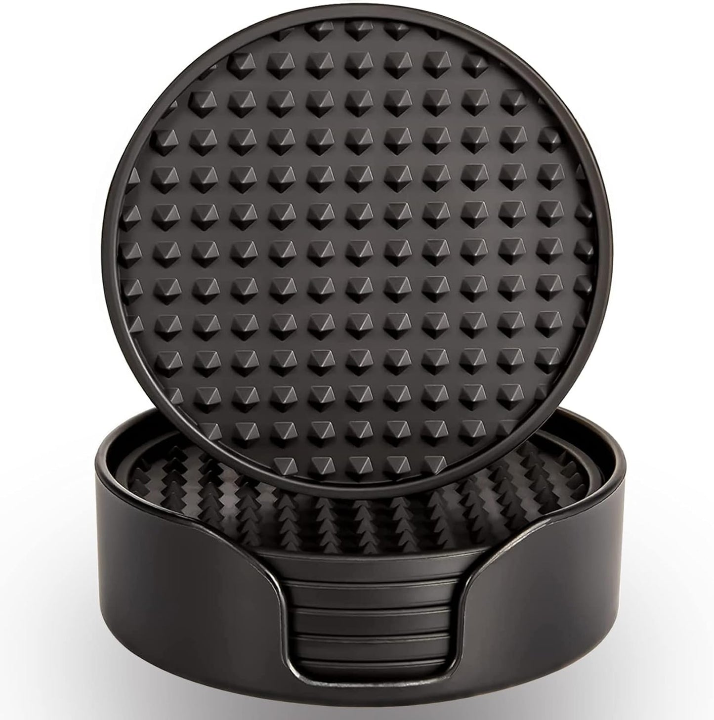 Coasters for Drinks 6 Pcs Drink Plastic Coaster with Holder,Heat Resistant Silicone Cup Mat Tabletop Protection,Non-Slip Rubber Coasters for Kinds of Cups (Black)