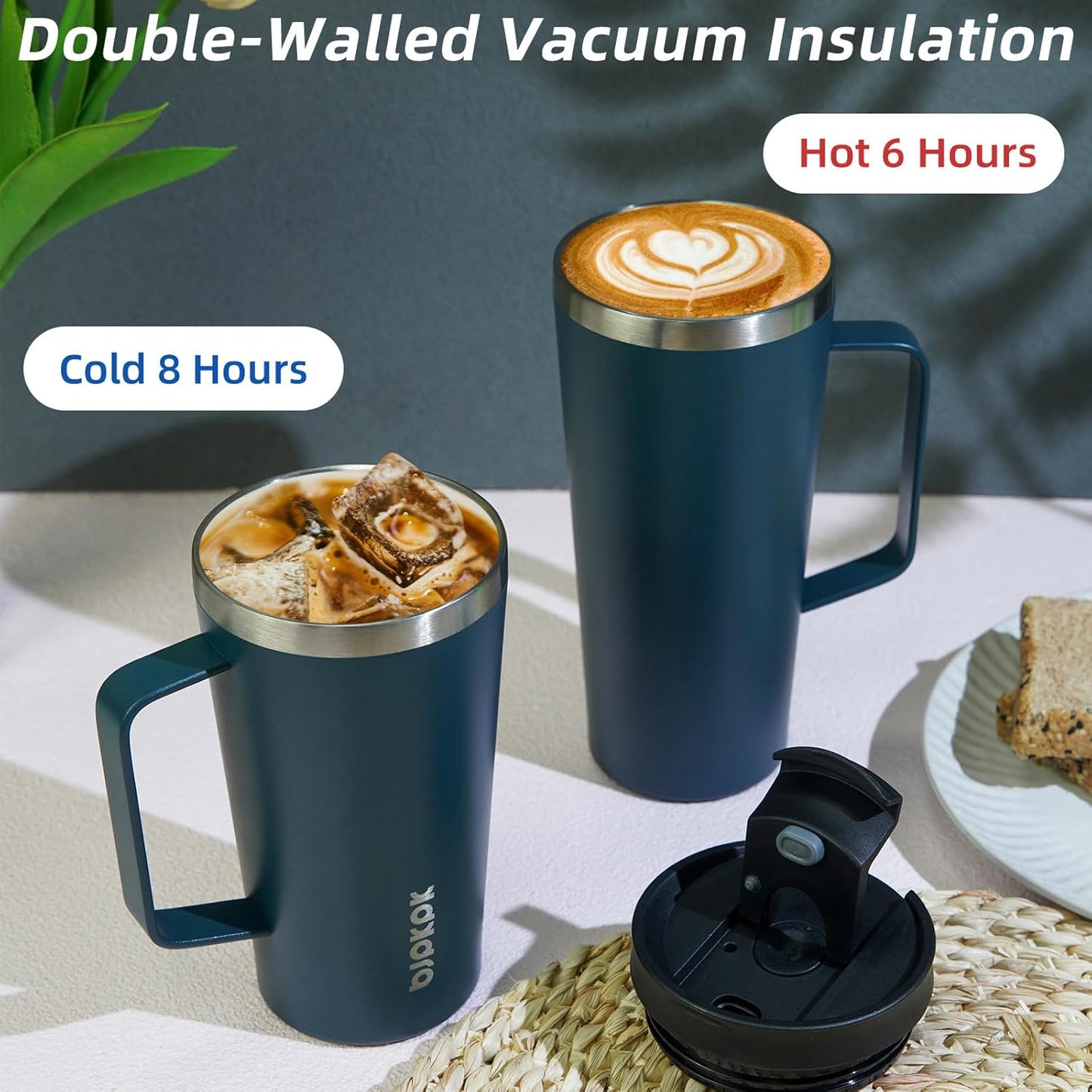 BJPKPK Insulated Tumbler with Handle, 22oz Insulated Tumblers with Lid and Straw, Stainless Steel Metal Water Bottles, Coffee Travel Mugs, Cups, Sea