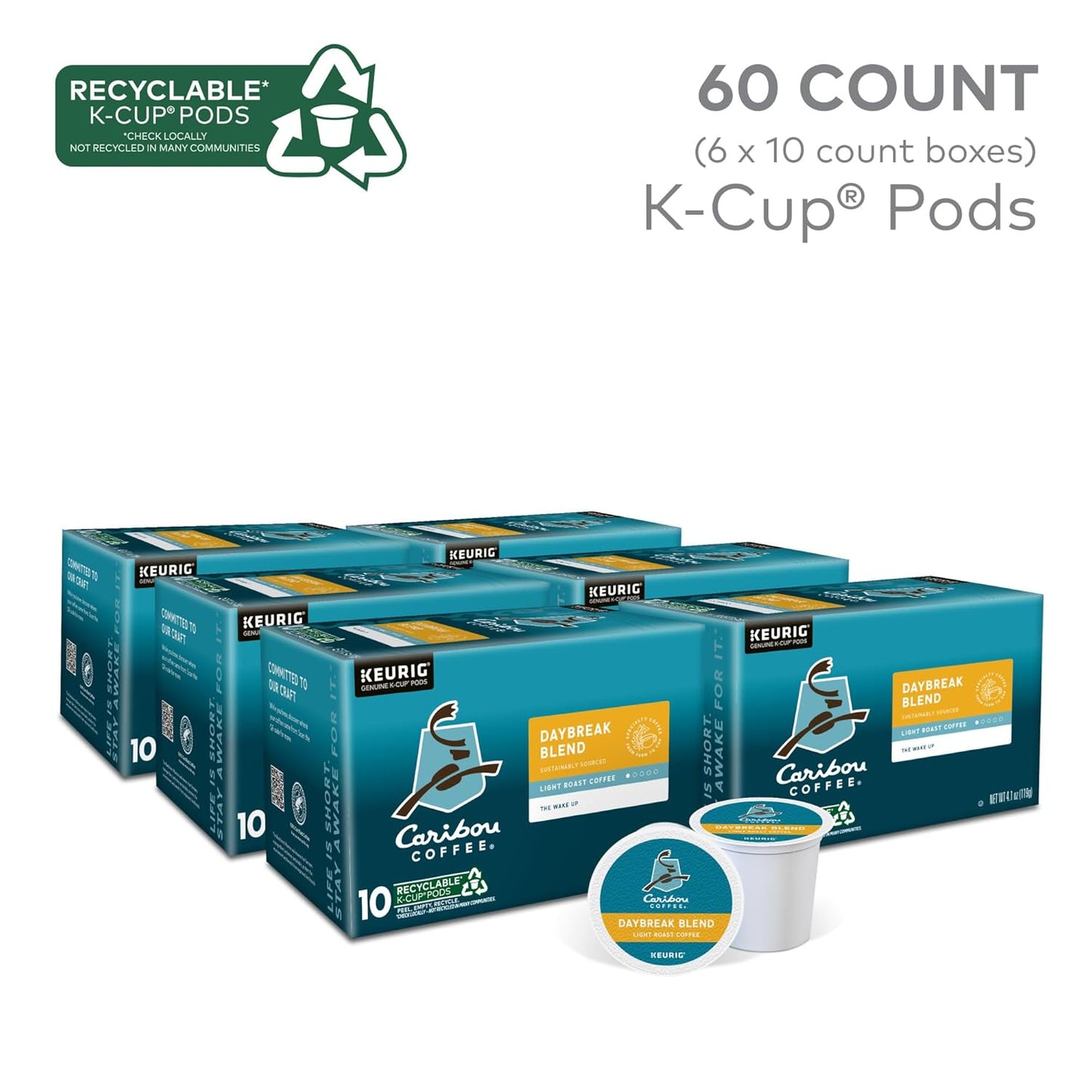 Caribou Coffee Daybreak Blend Keurig Single-Serve K-Cup Pod, Light Roast Coffee(Pack of 6, 60 Count Total)