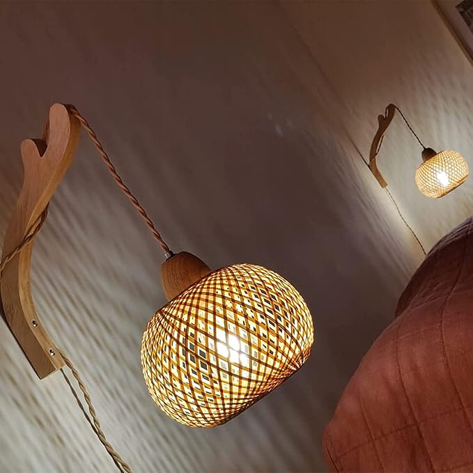 Frideko Bamboo Lantern Plug in Wall Sconces Wicker Wall Lamp - Image 3