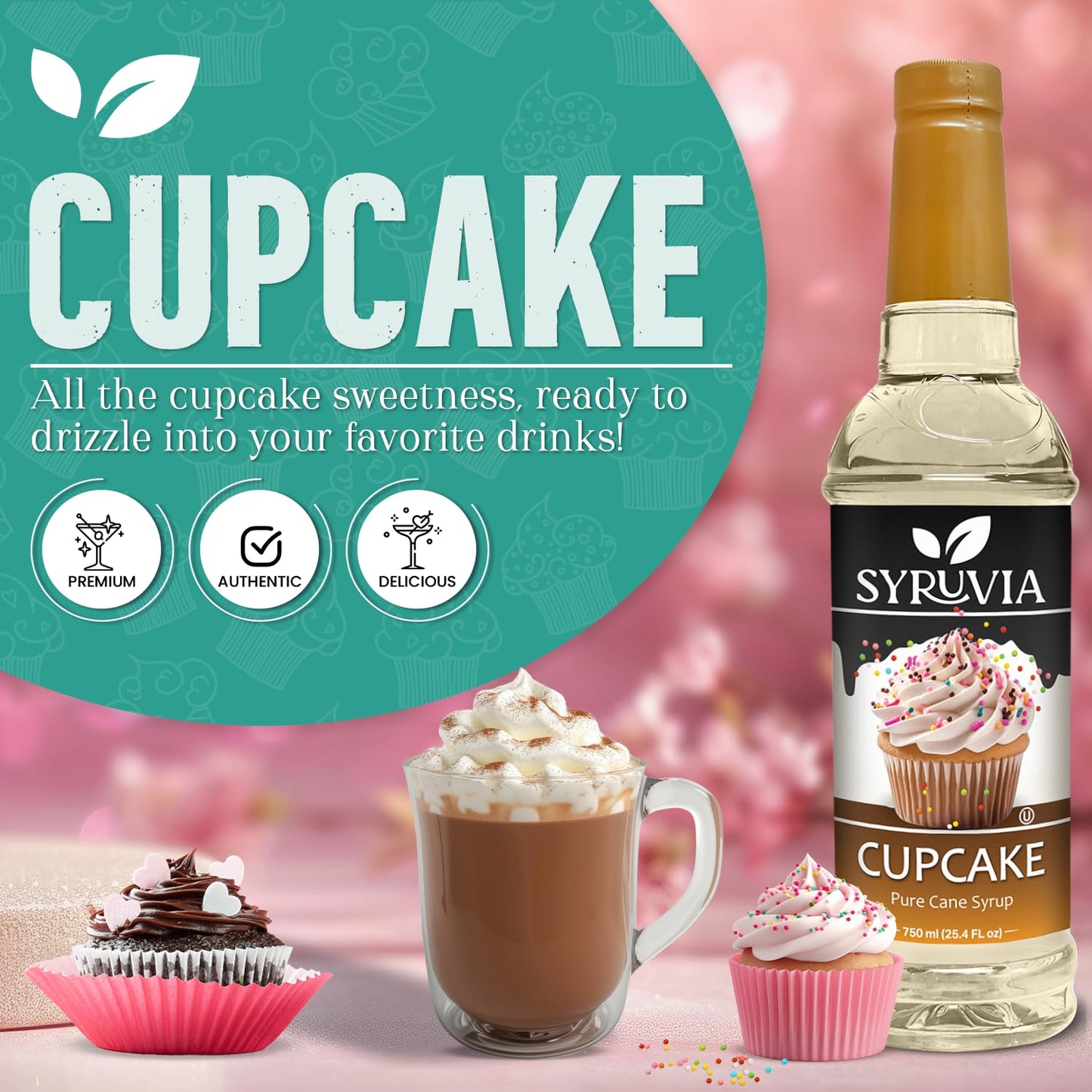 Syruvia Cupcake Coffee Syrup - 25.4 fl oz - Kosher Syrups, Gluten Free, No Coloring, Perfect for Drinks, Soda, Shakes, Desserts, and More.