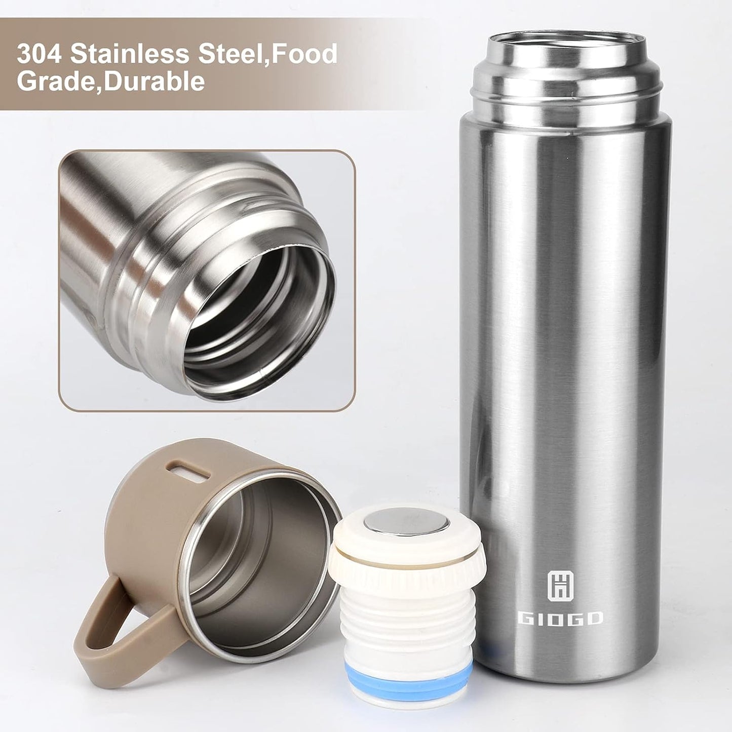 Stainless Steel Thermo 500ml/16.9oz Vacuum Insulated Bottle with Cup for Coffee Hot drink and Cold drink water flask.(Brown,Single)