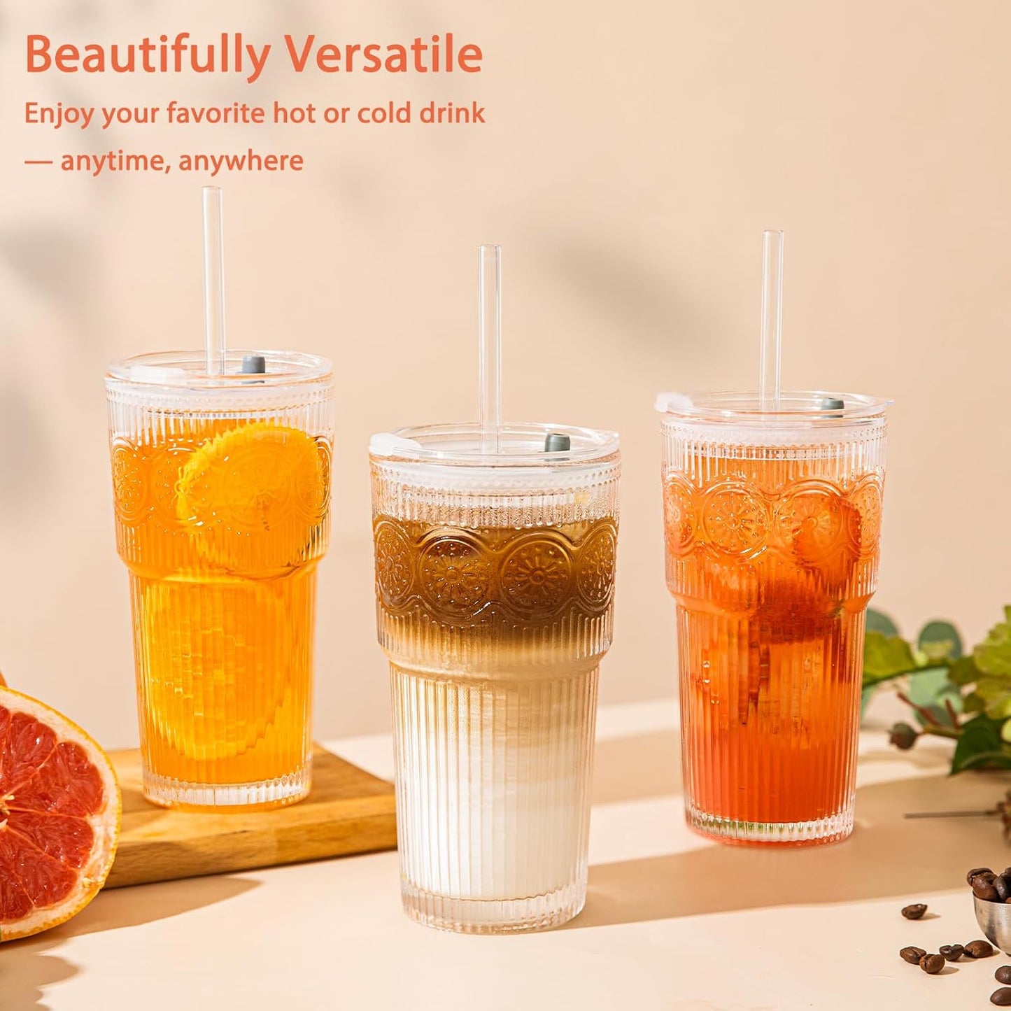 20oz Ribbed & Floral Glass Tumbler Set of 4 – Reusable Glass Cups with Lid and Glass Straw, To-Go Iced Coffee Cups for Water, Smoothie, Milk, Cocktail & More – Perfect for Daily Use & Travel
