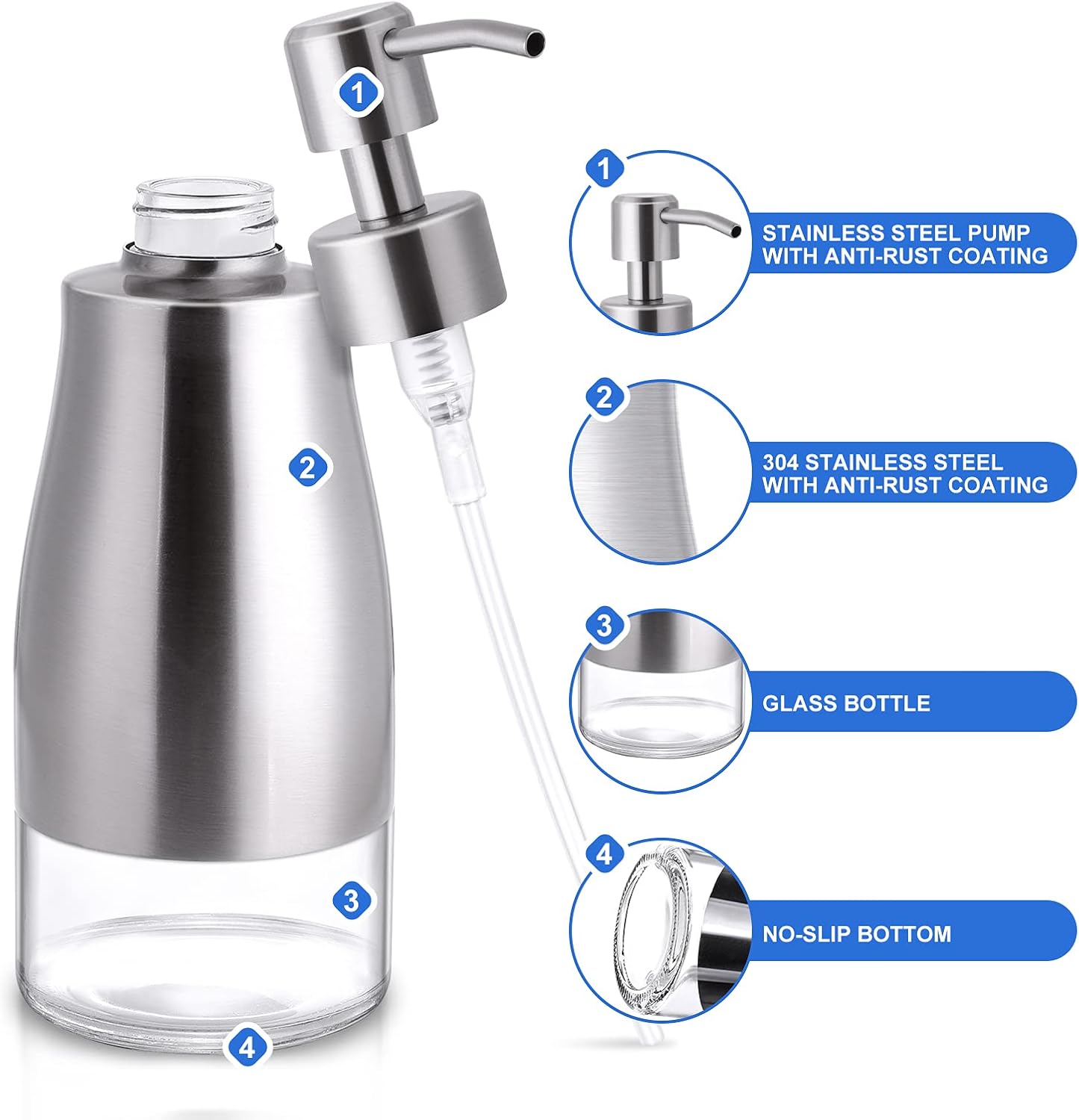Non-Slip Soap Dispenser with Brushed Nickel Stainless Steel Case, Glass Liner, and Hand Pump for Kitchen/Bathroom. Refillable Liquid Soap Dispenser, 11oz/320ml Capacity.