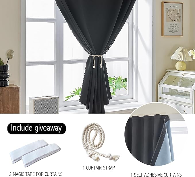 AJAZZ 100% Black Out Curtains Adhesive Blackout Temporary Curtain Rod No - Image 2