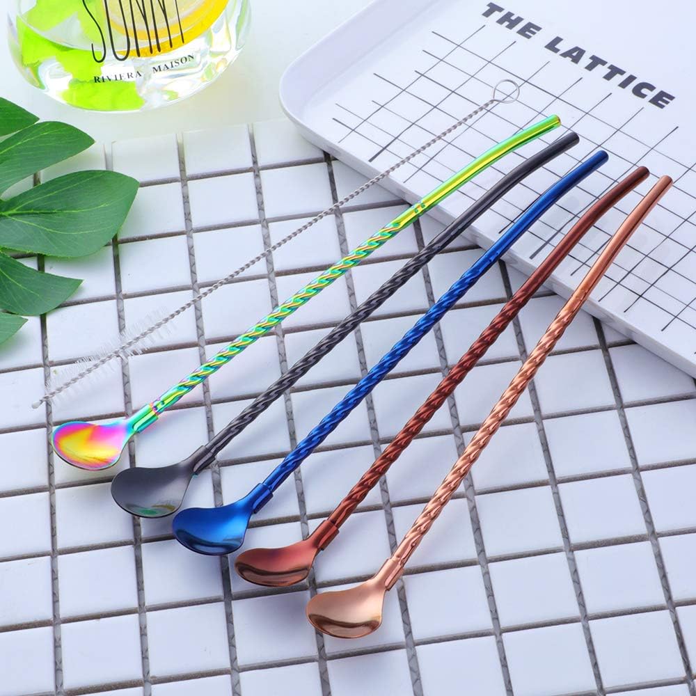 10 pcs Metal Straw Spoons with 2 Cleaning Brushes, Reusable Drinking Spoon Straws for Iced coffee, Iced tea, Milkshake, Cocktail, Smoothies (mix colors)