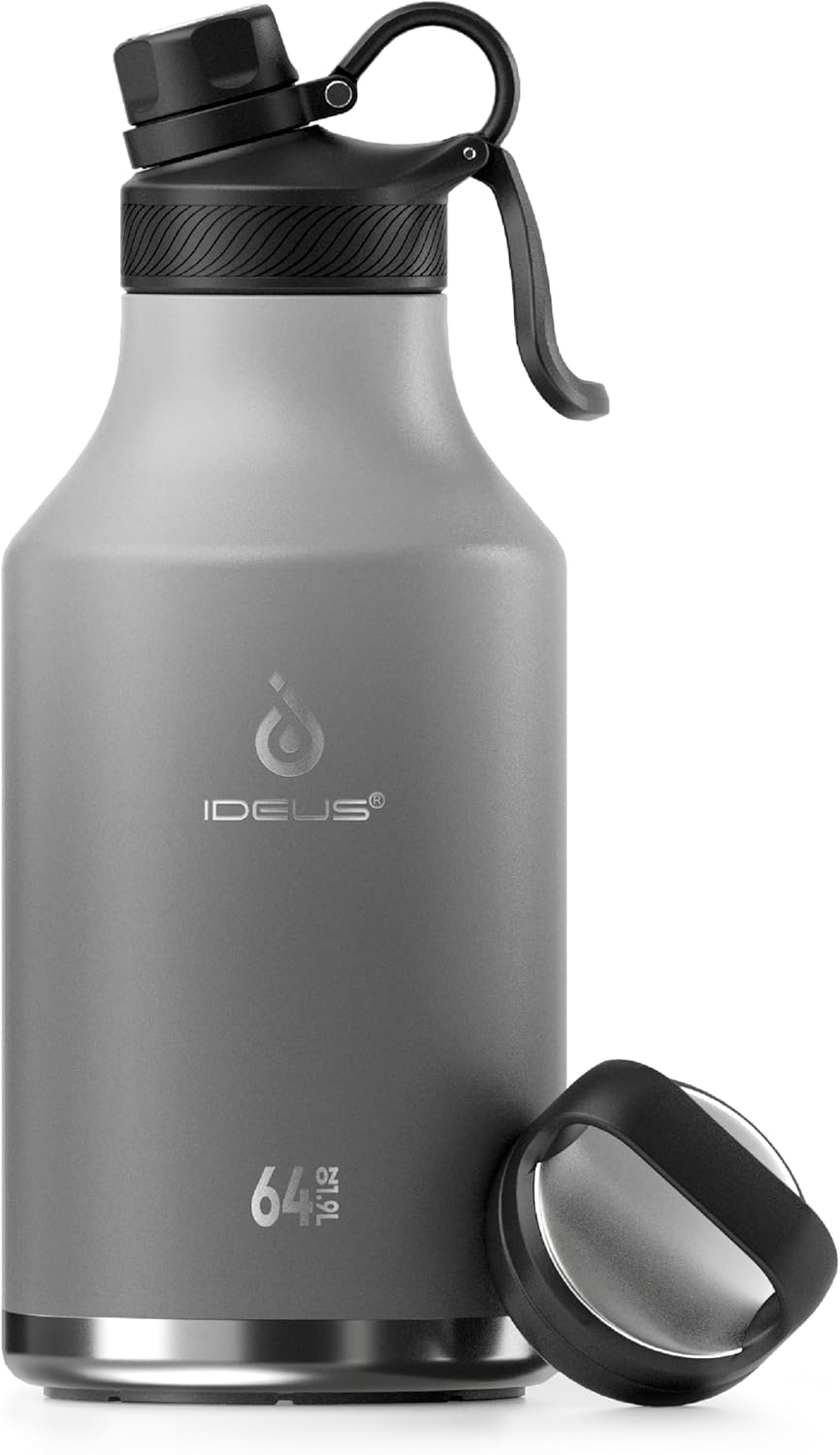 IDEUS Insulated Stainless Steel Water Bottle with 2 Leak-Proof Lids, Thermal Water Flask for Hiking Biking, 64oz, Bright Blue