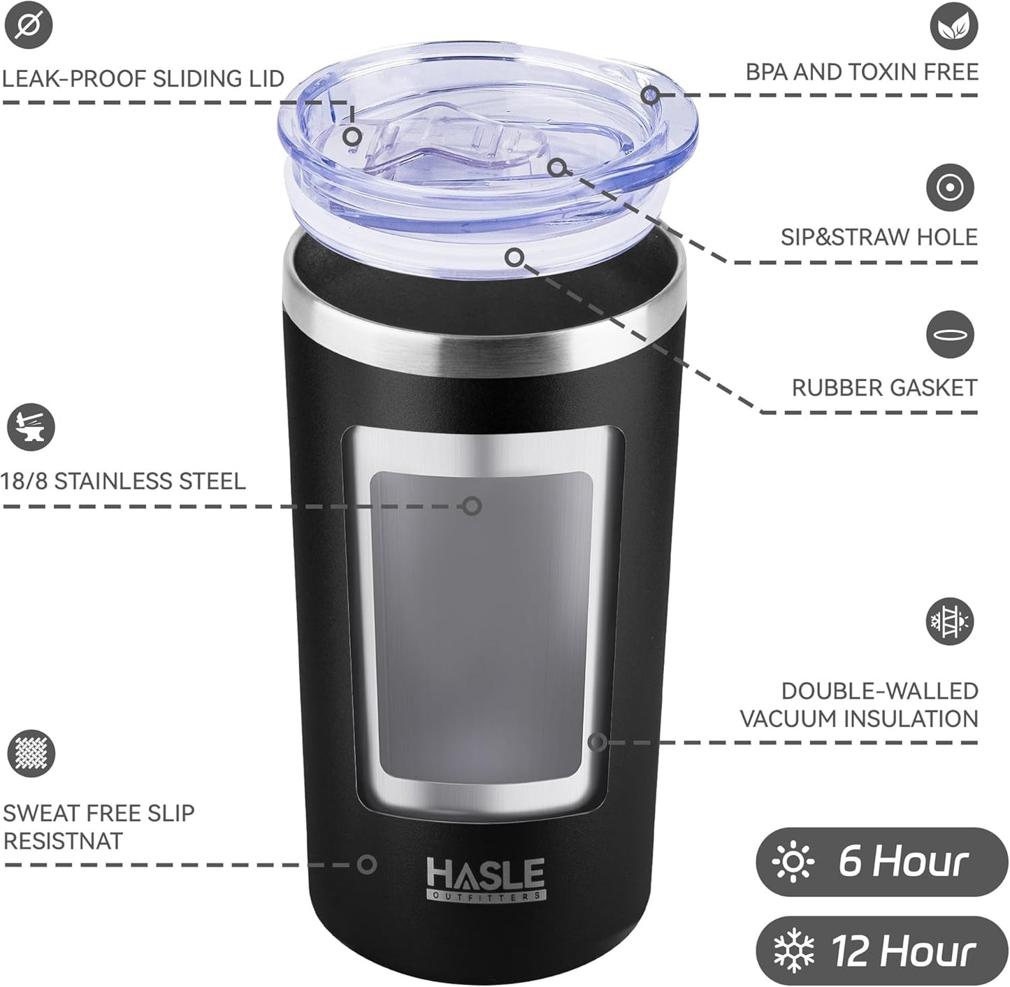 HASLE OUTFITTERS 12oz Skinny Tumbler Bulk, Slim Tumblers Set with Lid, Double Wall Stainless Steel Insulated Travel Coffee Mug, Durable Powder Coated Travel Water Cup(Black, 12)