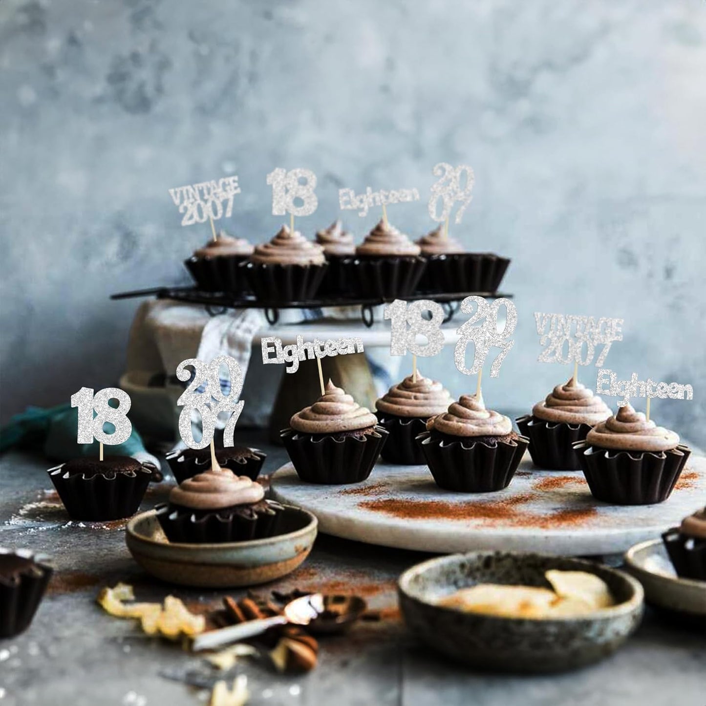 Gyufise 24Pcs 18th Birthday Cupcake Toppers Glitter Eighteen Vintage 2007 Hello 18 Years Birthday Cupcake Picks Adultish 18 Cake Decorations for Happy 18th Birthday Anniversary Party Supplies Silver