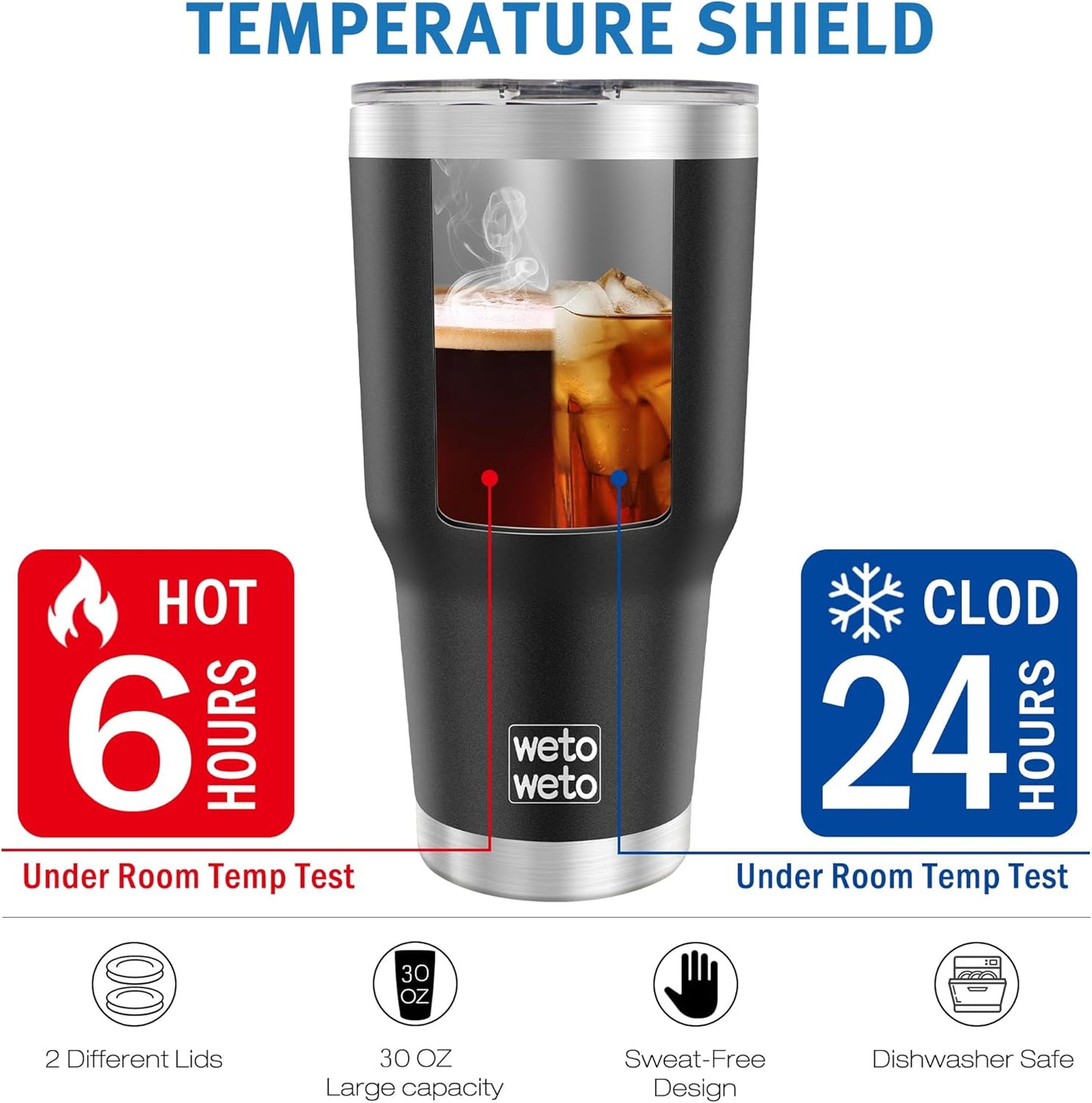 WETOWETO 30 oz Insulated Tumbler With 2 Lids and 2 Straws, Stainless Steel Double Vacuum Coffee Tumbler Cup, Powder Coated Travel Mug for Home, Office, Travel, Party (Black, 1 Pack)