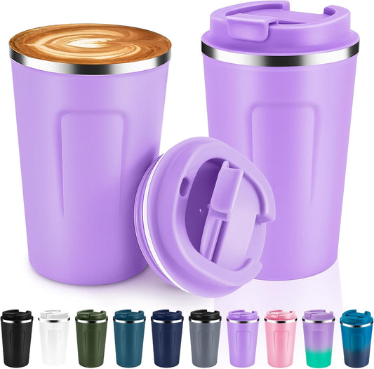 Volhoply 12 oz Double Wall Insulated Vacuum Travel Coffee Mugs with Flip Lid Bulk 2 Pack,Reusable Stainless Steel Leak Proof Coffee Cup,Portable Cafe Thermal Tumbler for Hot&Cold Drinks(Purple,2 Set)