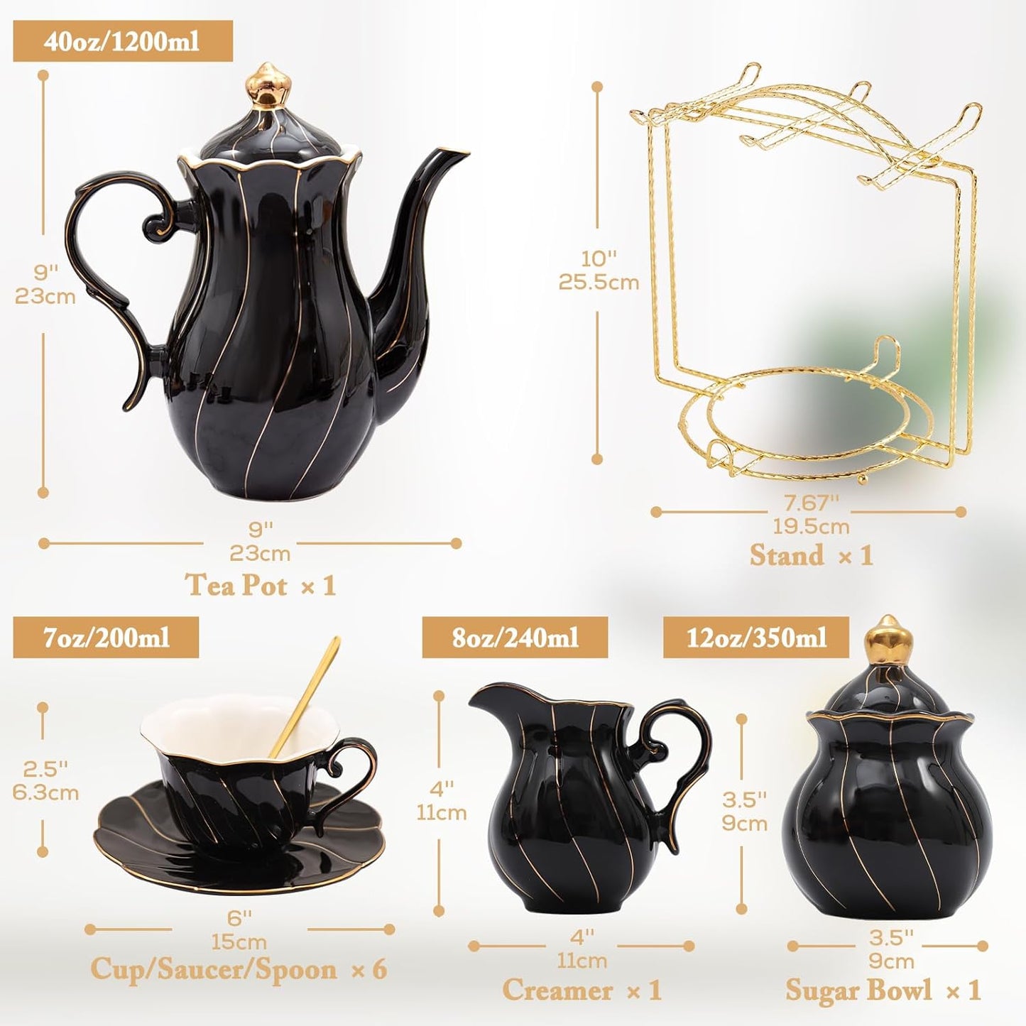 DUJUST 22 pcs Porcelain Tea Set for 6, Luxury British Style Tea/Coffee Cup Set with Golden Trim, Beautiful Tea Set for Women, Tea Party Set, Gift Package (Including a Stand) - Black
