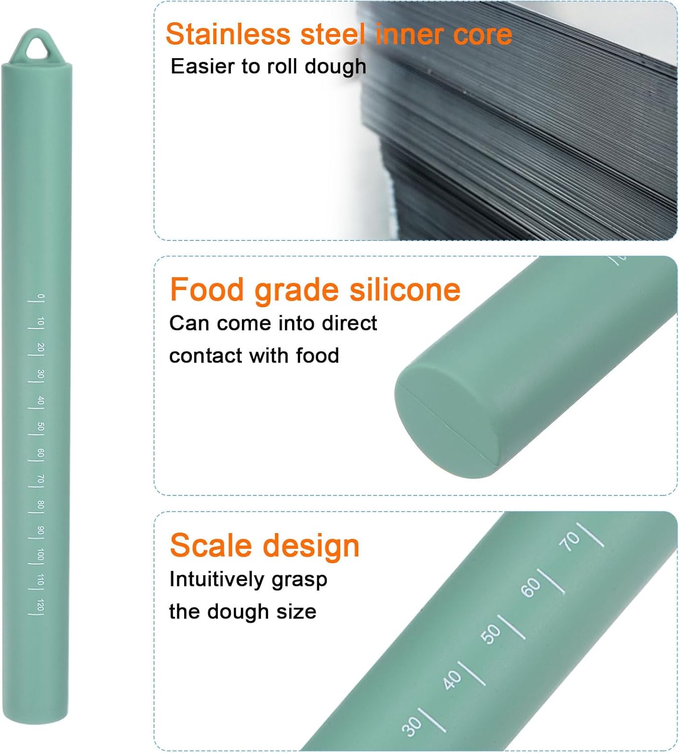 HARFINGTON 2pcs Silicone Rolling Pin 10" Stainless Silicone Surface Non-Stick Stainless Steel Inner Core Dough Roller Kitchen Roller for Baking Pastry Pizza Fondant Bread, Green,Dark Green