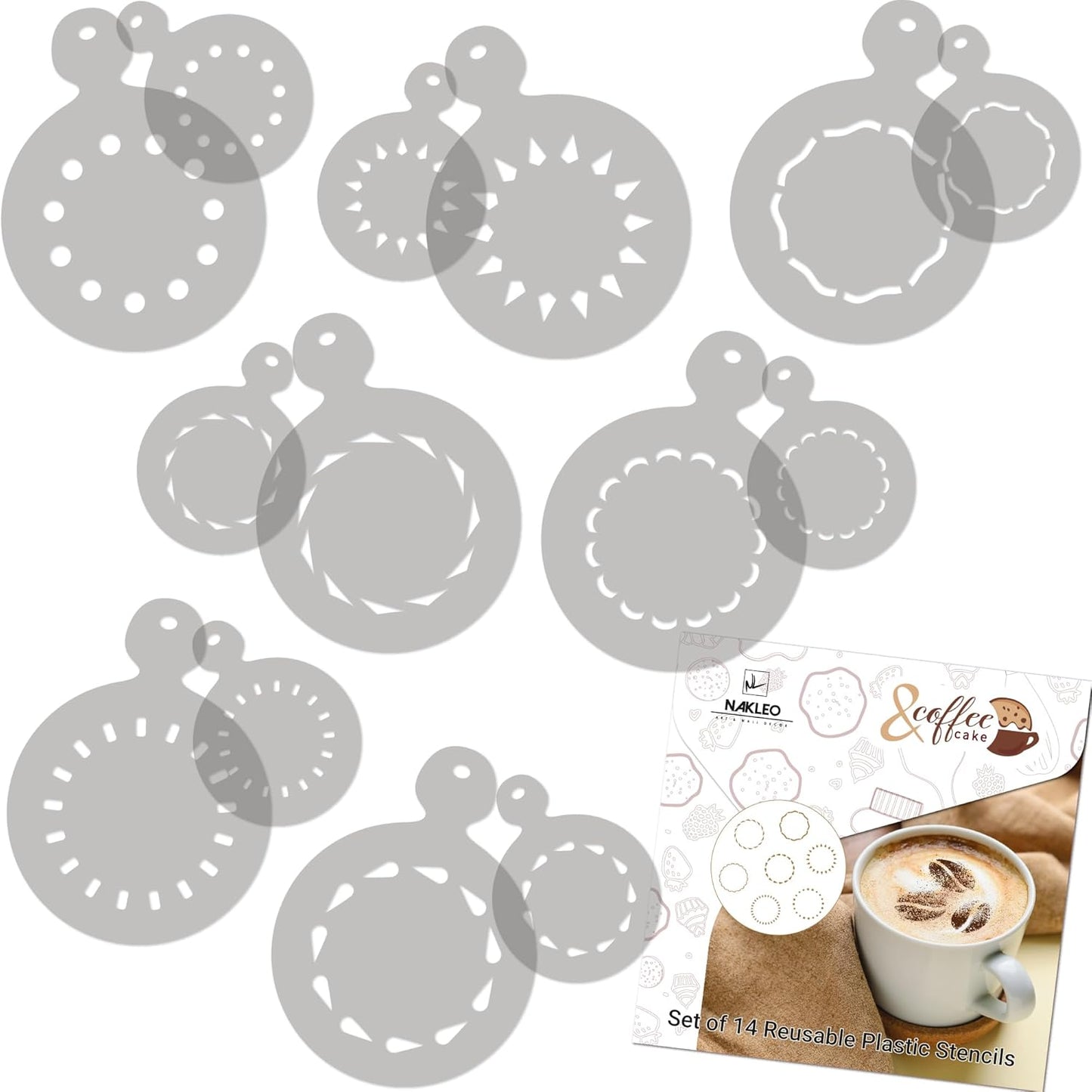 NAKLEO Coffee Stencils and Cookies Decoration 14Pcs 2.8”x2.8” and 4.3”x4.3”, Reusable Plastic Baking Templates, Circles Ornament Border, Barista DIY Art Craft, Capuccino Latte Chocolate Cake Biscuit