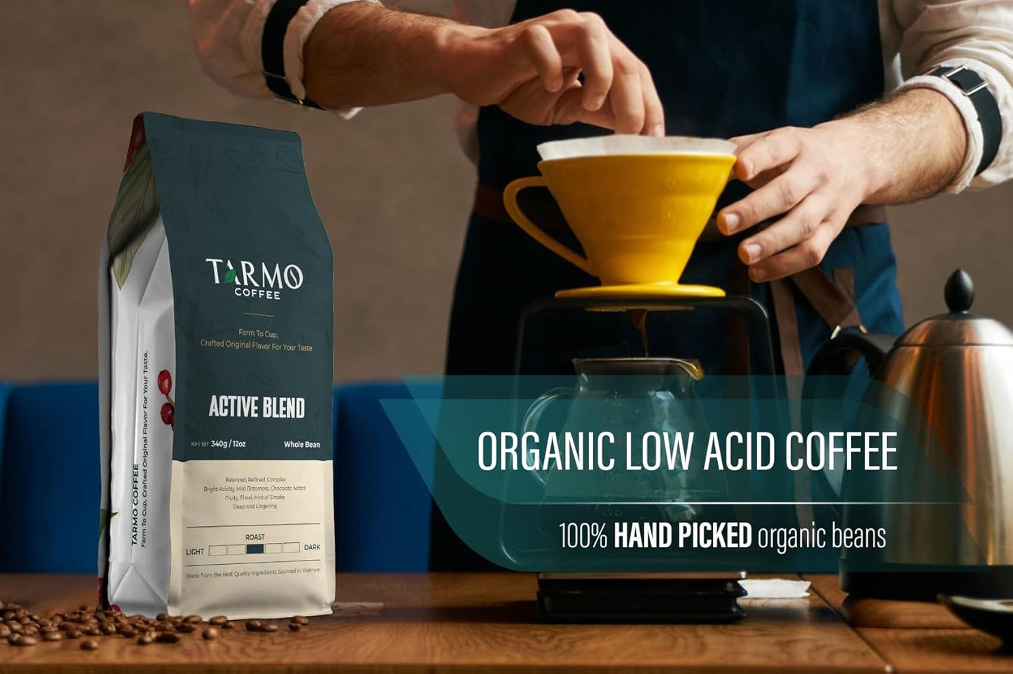 TARMO - ACTIVE BLEND | Low Acid ARABICA & ROBUSTA BLEND Whole Bean Coffee | Specialty Vietnamese Coffee | Single Origin Medium Roast | Premium Espresso Beans, 12 Oz Bag