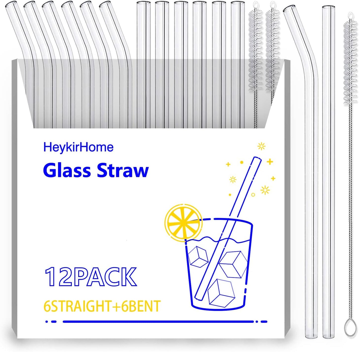 12-Pack Reusable Glass Straw,Size 8.5''x10 MM,Including 6 Straight and 6 Bent with 2 Cleaning Brush- Perfect For Smoothies, Tea, Juice