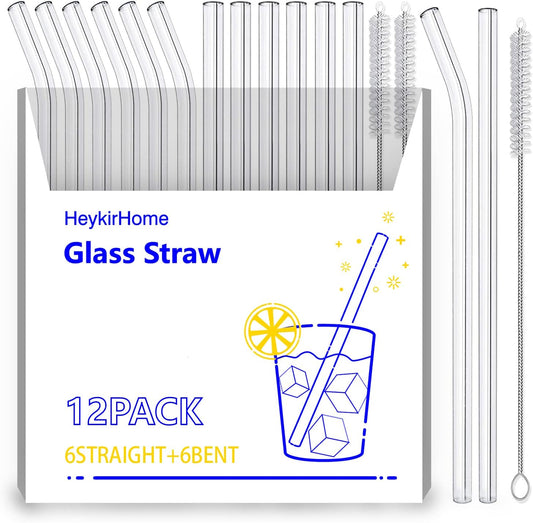 12-Pack Reusable Glass Straw,Size 8.5''x10 MM,Including 6 Straight and 6 Bent with 2 Cleaning Brush- Perfect For Smoothies, Tea, Juice
