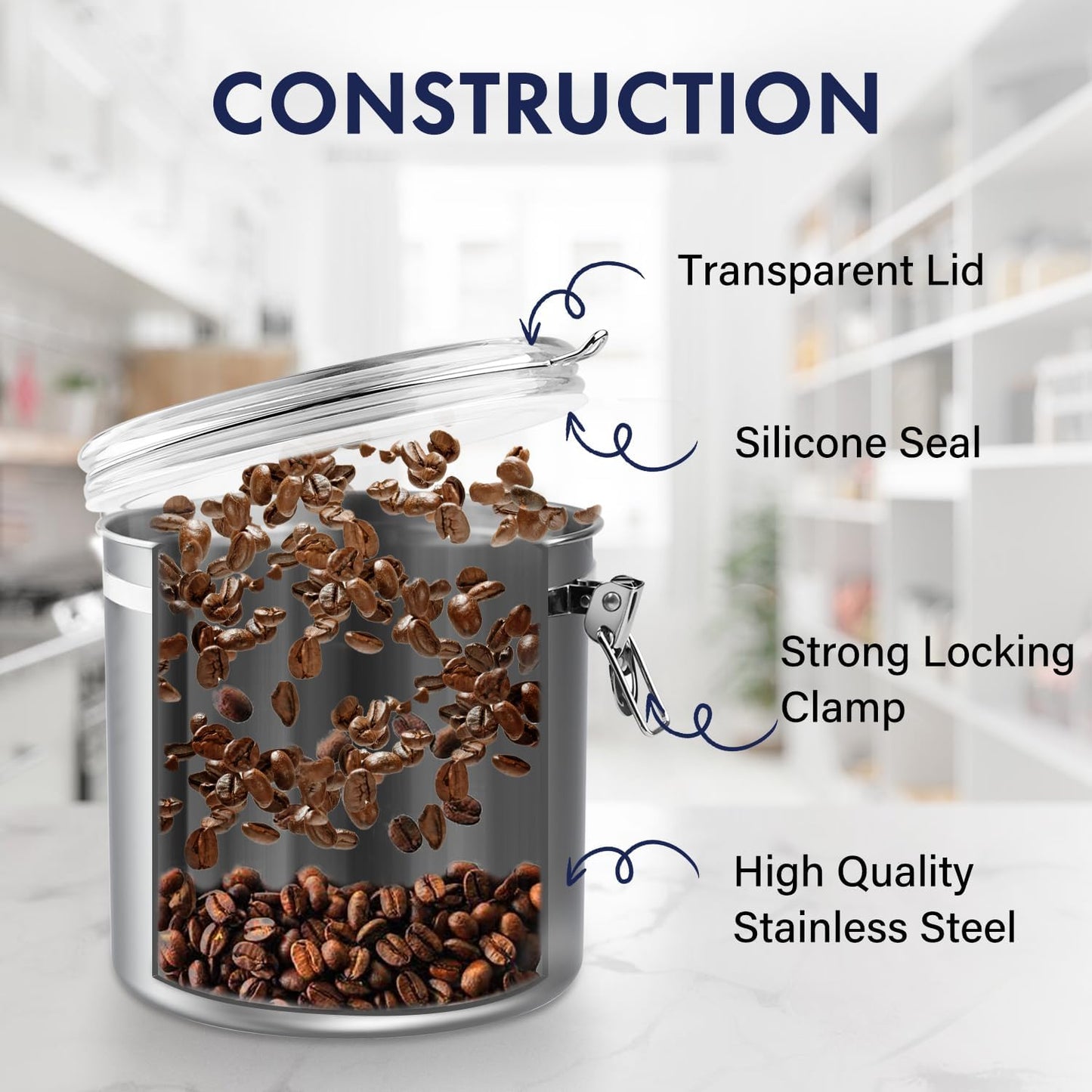 ENLOY 165oz Stainless Steel Airtight Canister for Kitchen, Large Flour Coffee Bean Tea Cereal Sugar Cookie Metal Food Storage Canisters with Clear Lid and Sturdy Locking Clamp (7.7 * 7.7 * 8.4in)